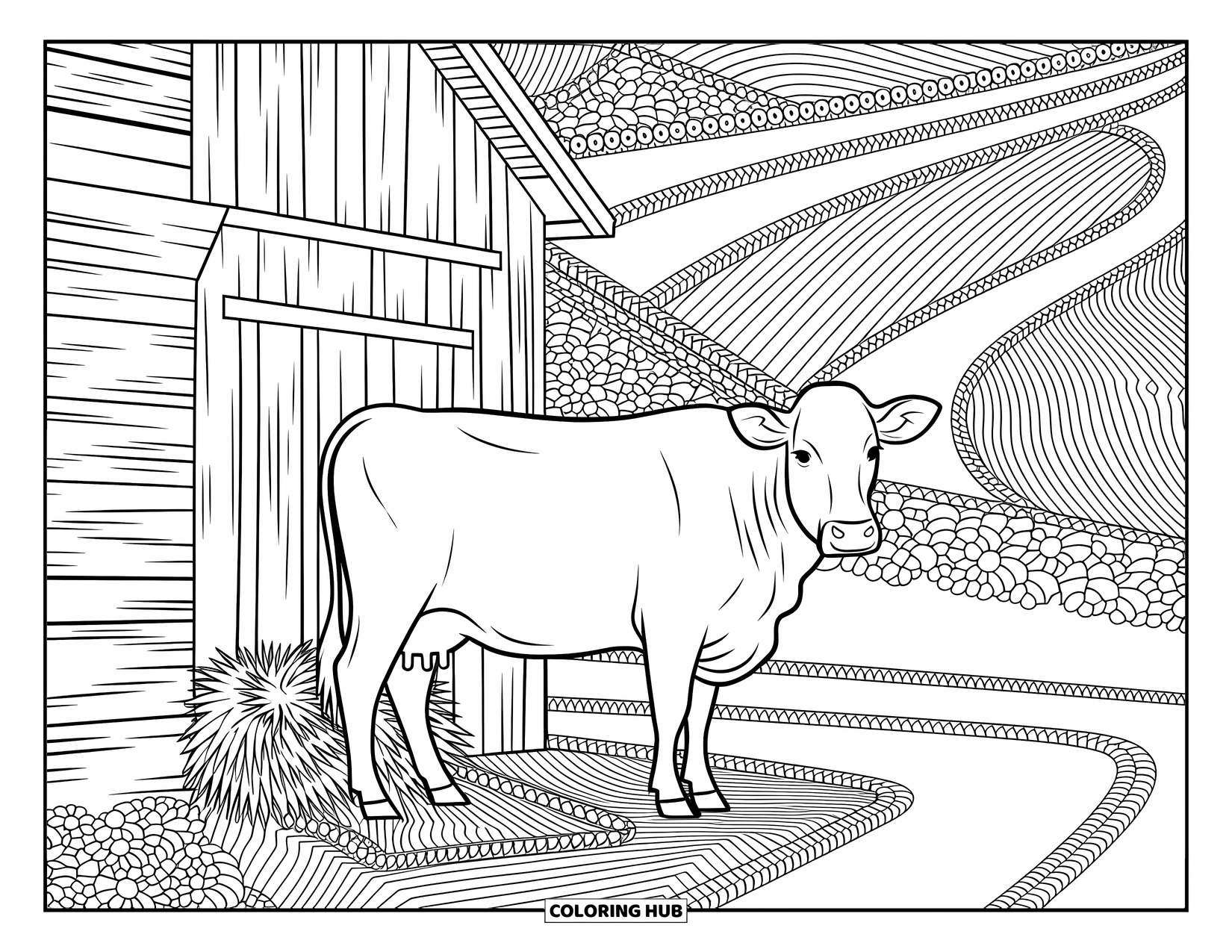 Disegno da colorare di una mucca per adulti: il volto di una mucca con intricati motivi e design simmetrici è graziosamente dettagliato