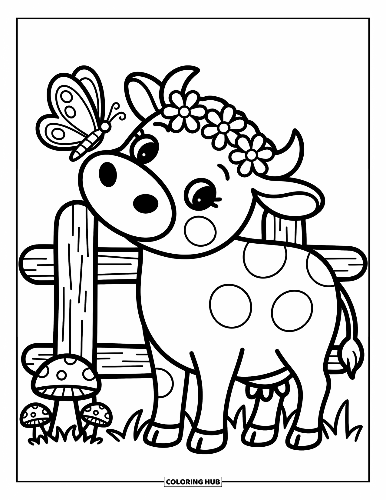 Disegno da colorare di una mucca per adulti: una mucca curiosa con una corona di fiori ammira una farfalla sul suo naso vicino a una recinzione