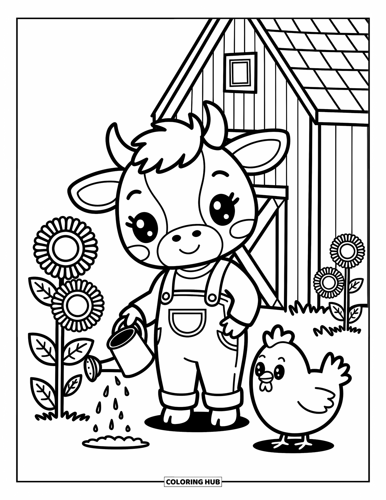 Disegno da colorare di una mucca per adulti: una mucca contadina annaffia i girasoli con un pollo vicino a un fienile accogliente