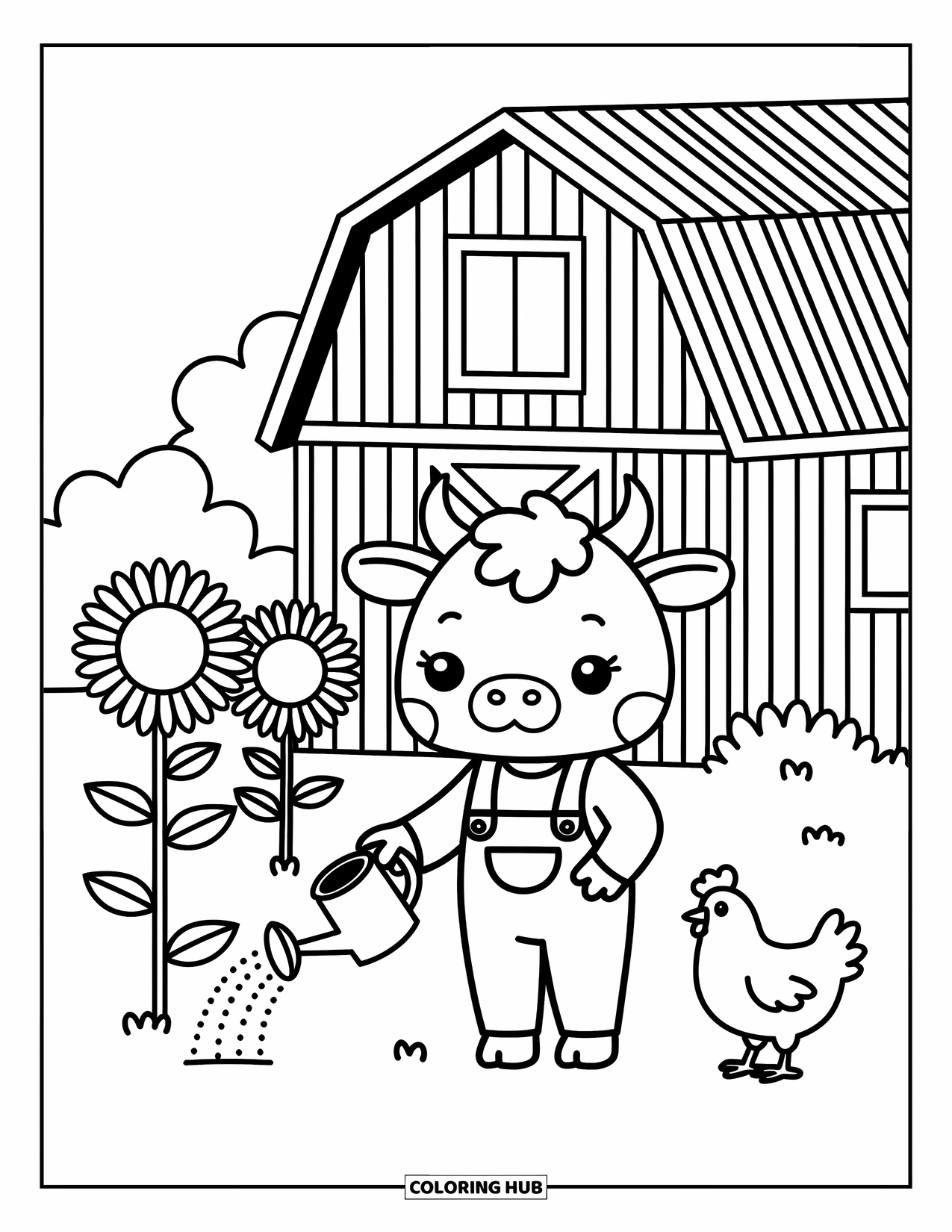 Disegno da colorare di una mucca per adulti: una mucca contadina annaffia i girasoli con un piccolo annaffiatoio accanto a un pollo