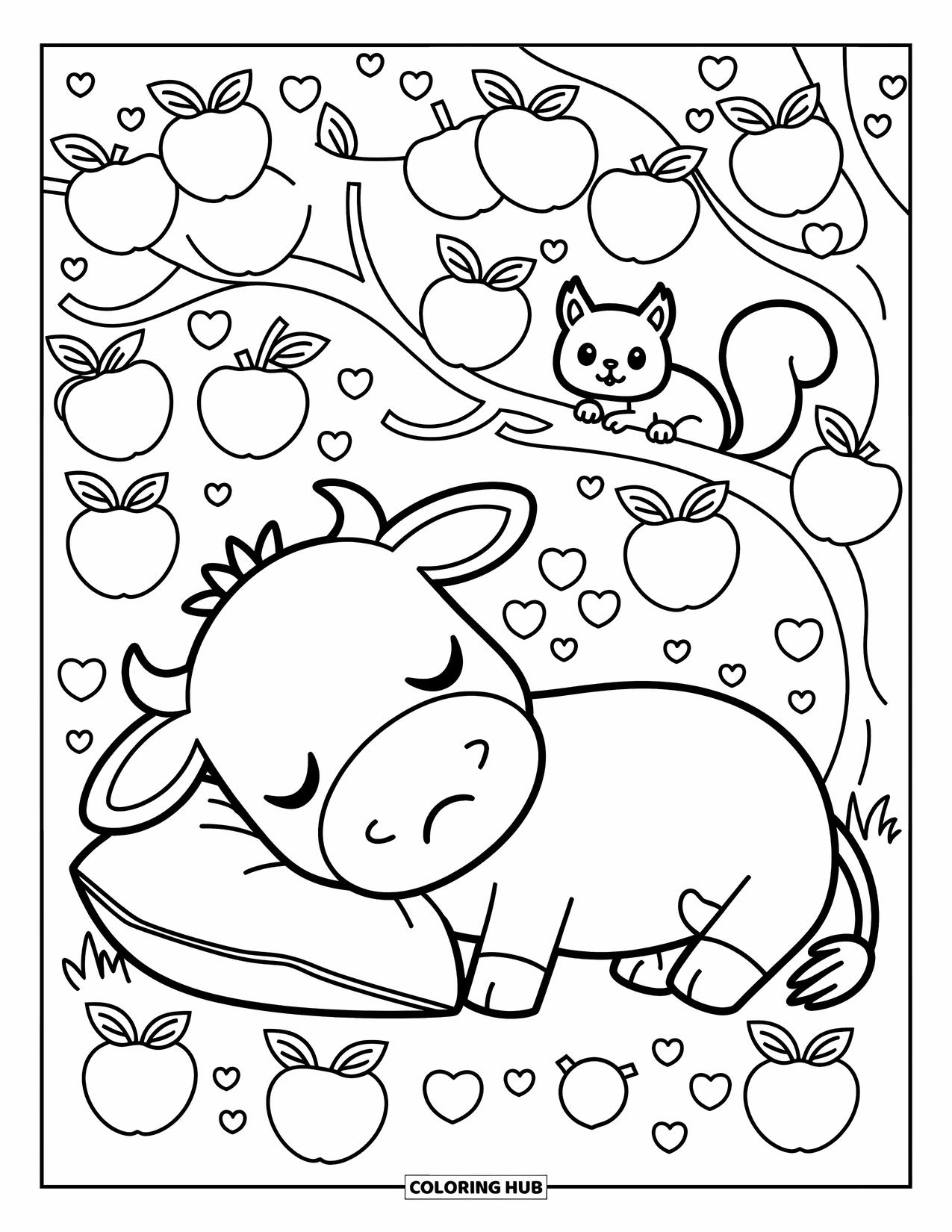 Disegno da colorare di una mucca per adulti: una mucca assonnata con un cuscino riposa sotto un melo