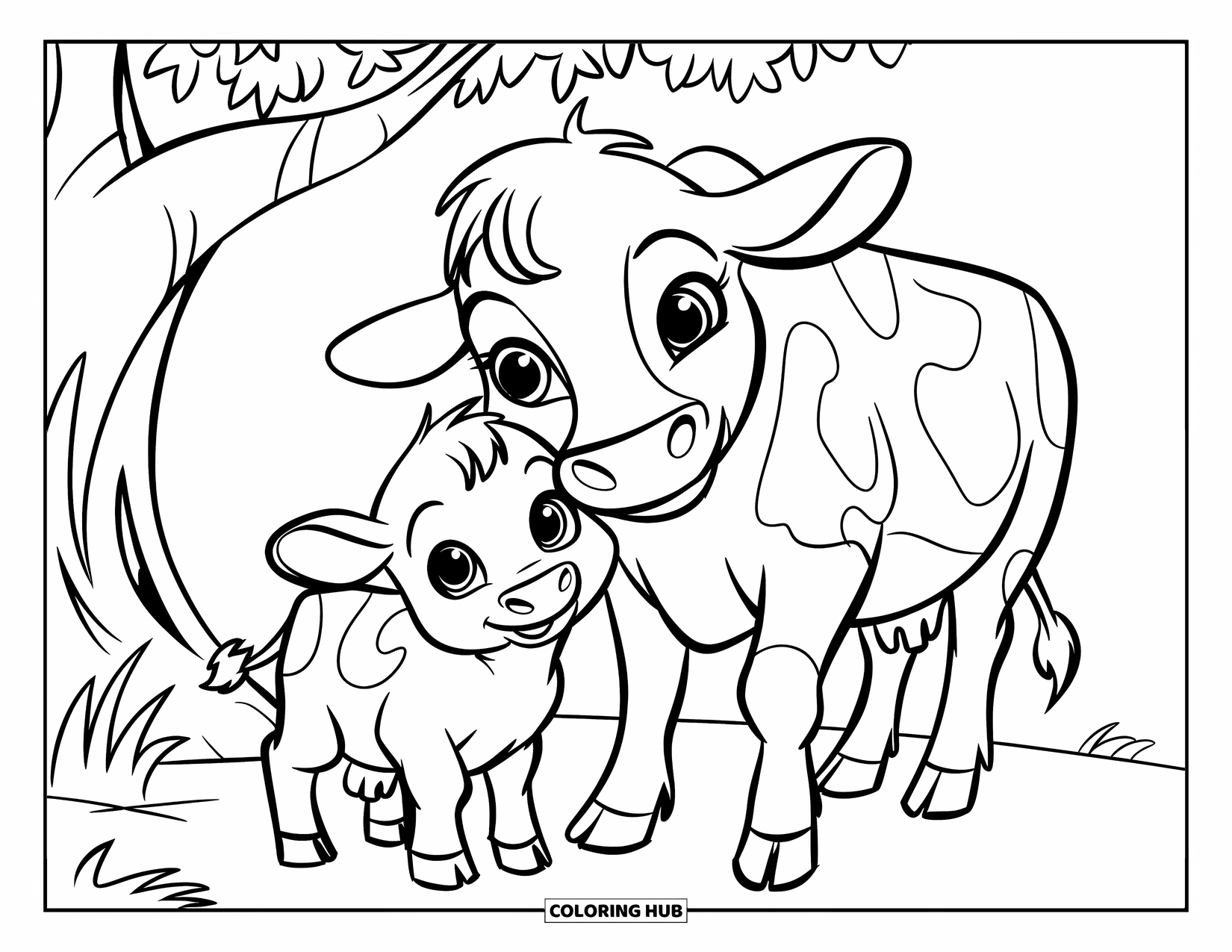 Disegno di mucca da colorare per bambini: Un cucciolo di mucca e la sua mamma sono in piedi sotto un albero in un campo