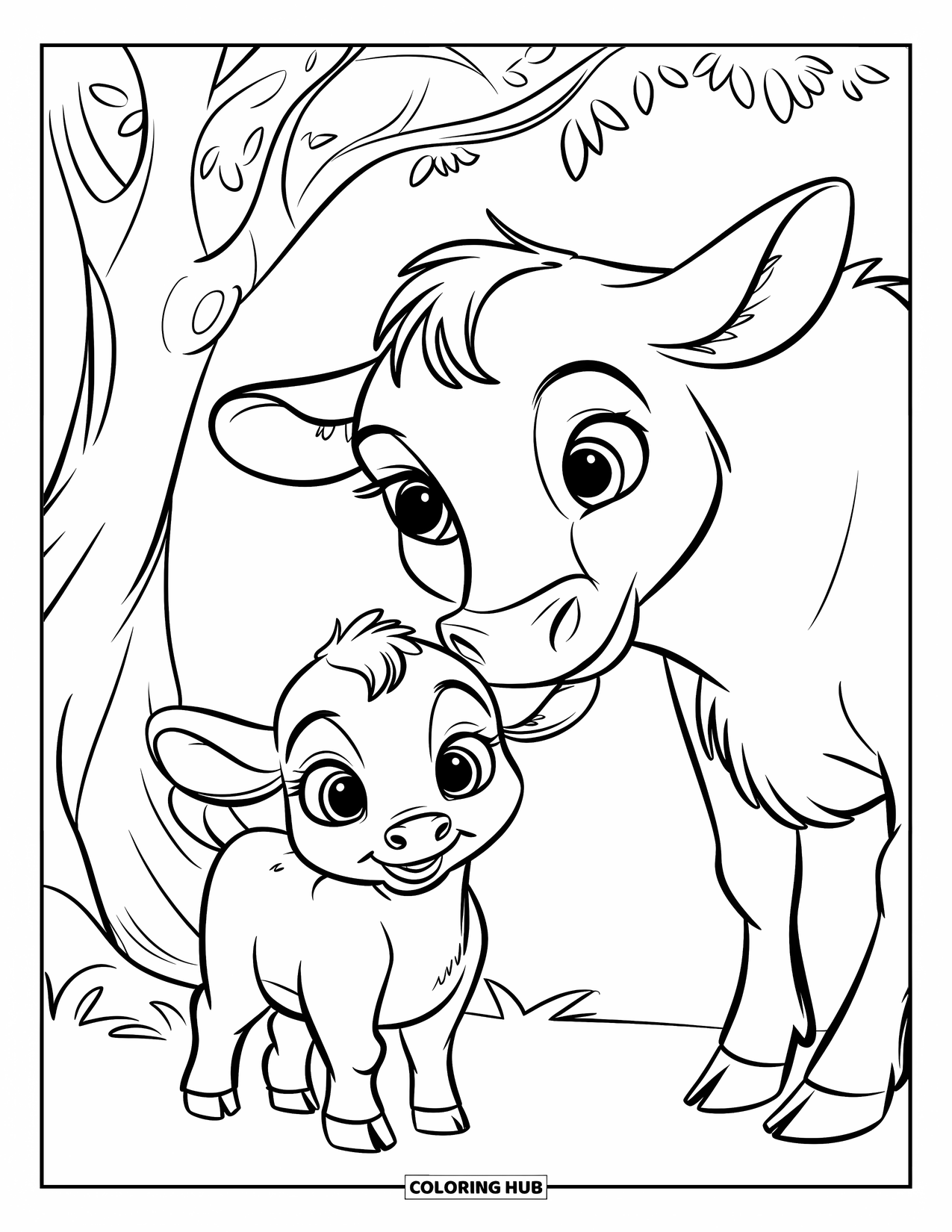 Disegno di mucca da colorare per bambini: Un cucciolo di mucca e la sua mamma sono in piedi sotto un albero su un campo verde