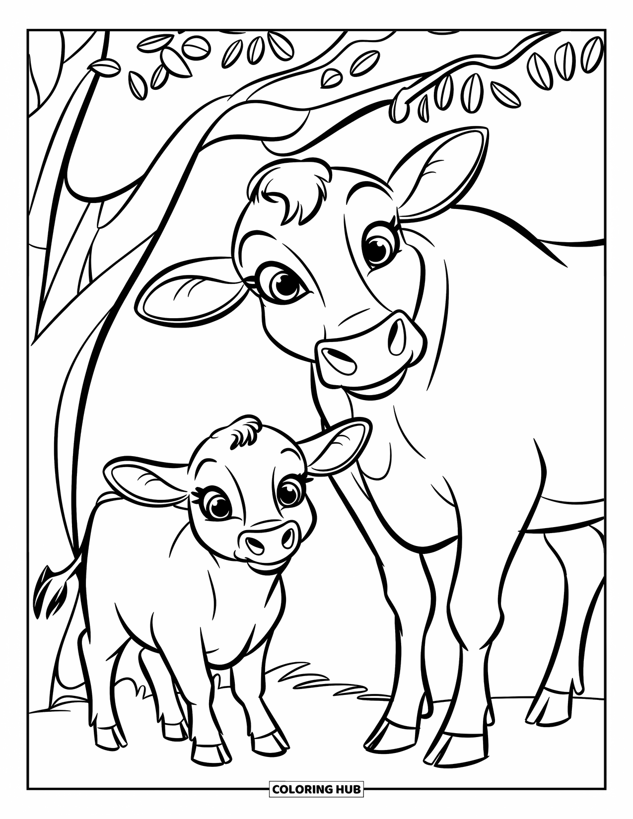 Disegno di mucca da colorare per bambini: Un cucciolo di mucca e la sua mamma sono in piedi sotto un albero con frutti