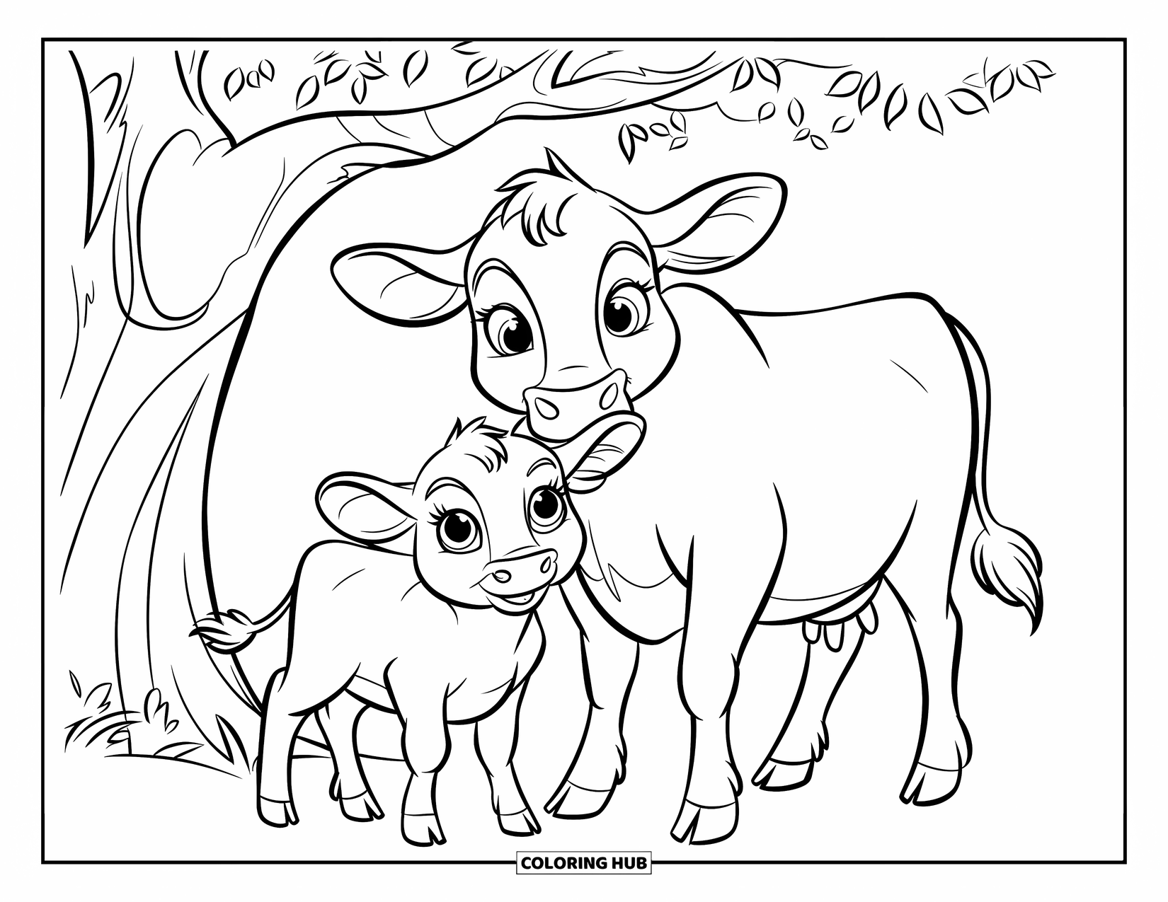 Disegno di mucca da colorare per bambini: Un cucciolo di mucca è in piedi vicino alla sua mamma sotto un albero