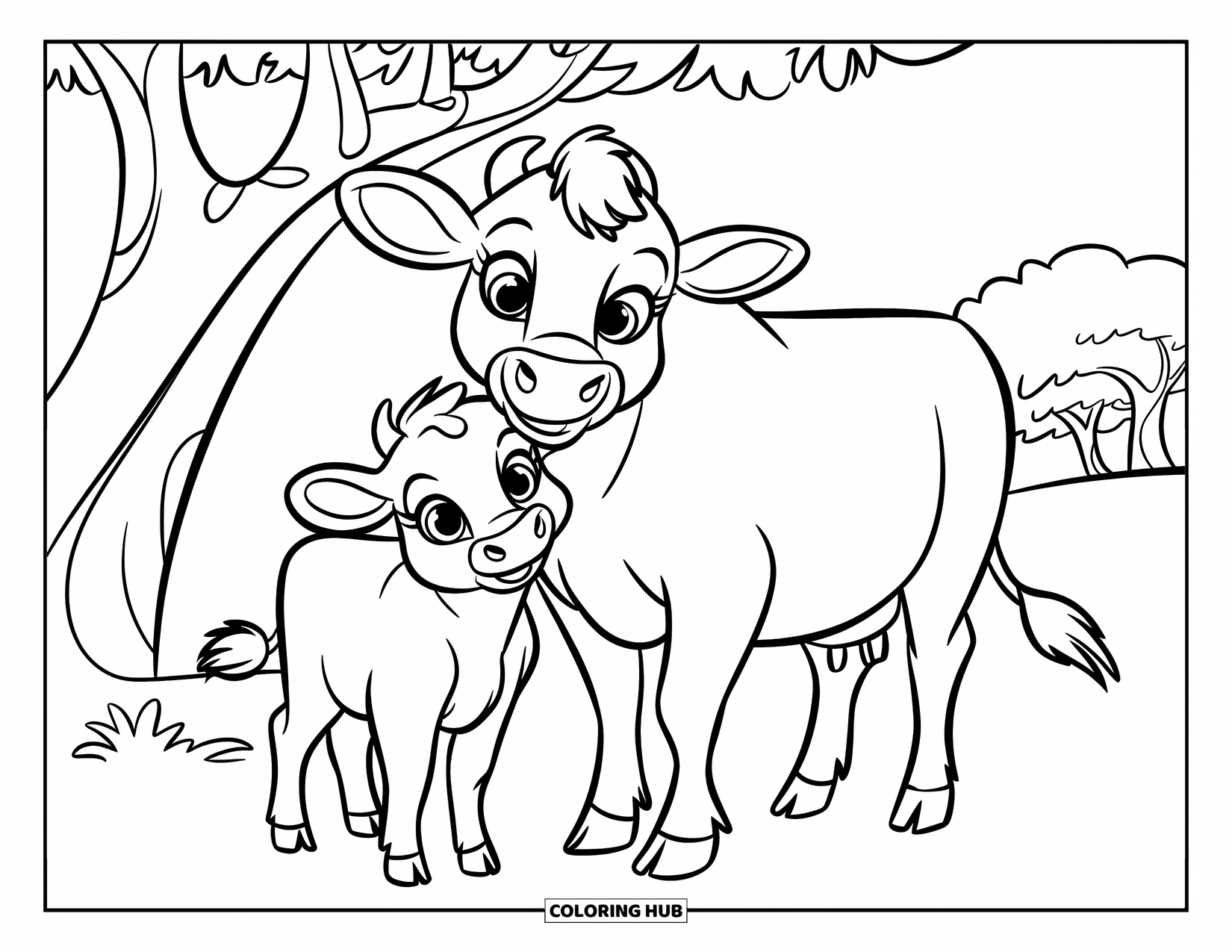 Disegno di mucca da colorare per bambini: Un cucciolo di mucca con grandi occhi è in piedi vicino alla sua mamma sotto un albero