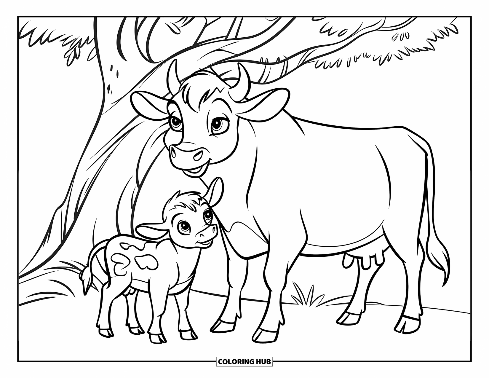 Disegno di mucca da colorare per bambini: Un cucciolo di mucca con macchie è in piedi accanto alla sua mamma sotto un albero