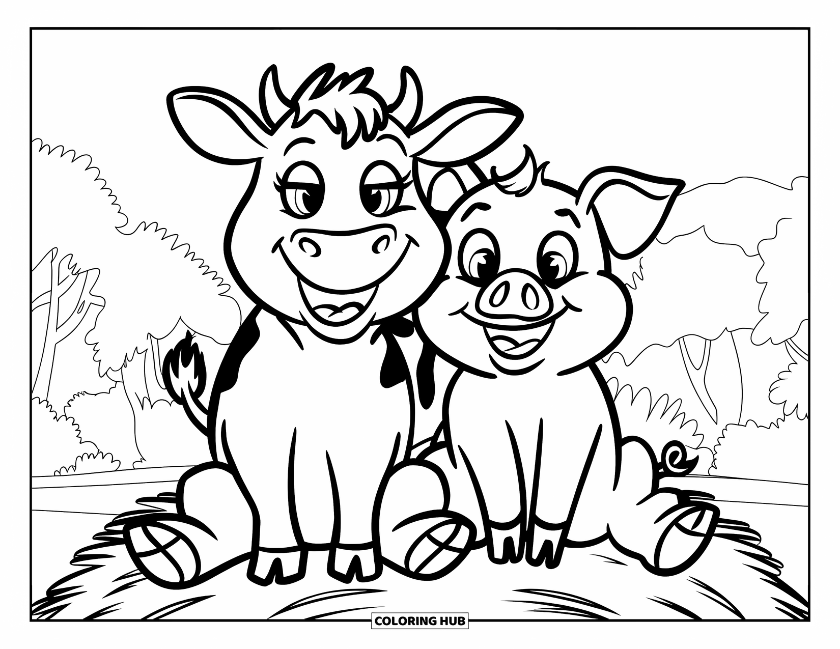 Disegno di mucca da colorare per bambini: Una mucca e un maiale sorridono sul fieno con alberi dietro
