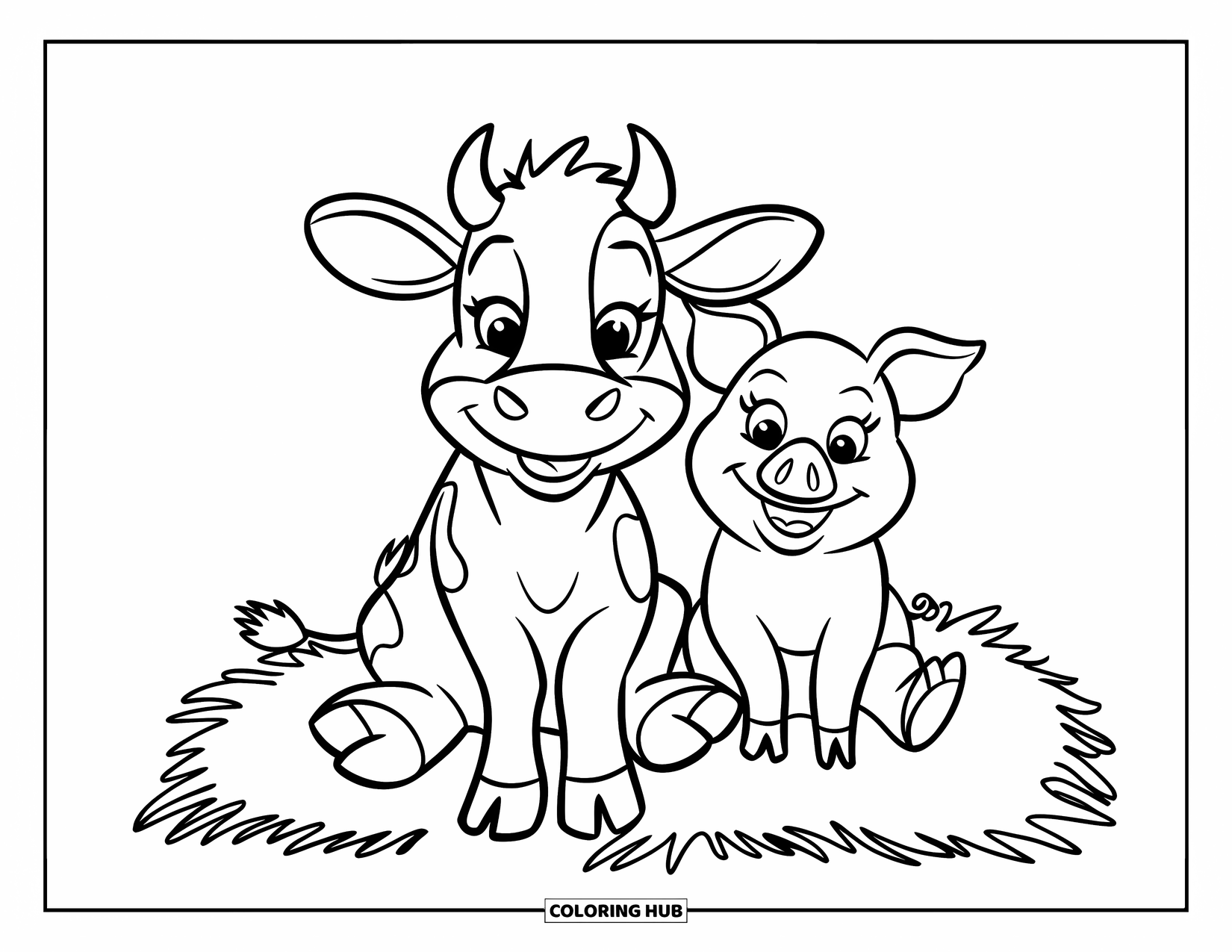 Disegno di mucca da colorare per bambini: Una mucca e un maiale sorridono insieme su una balla di fieno