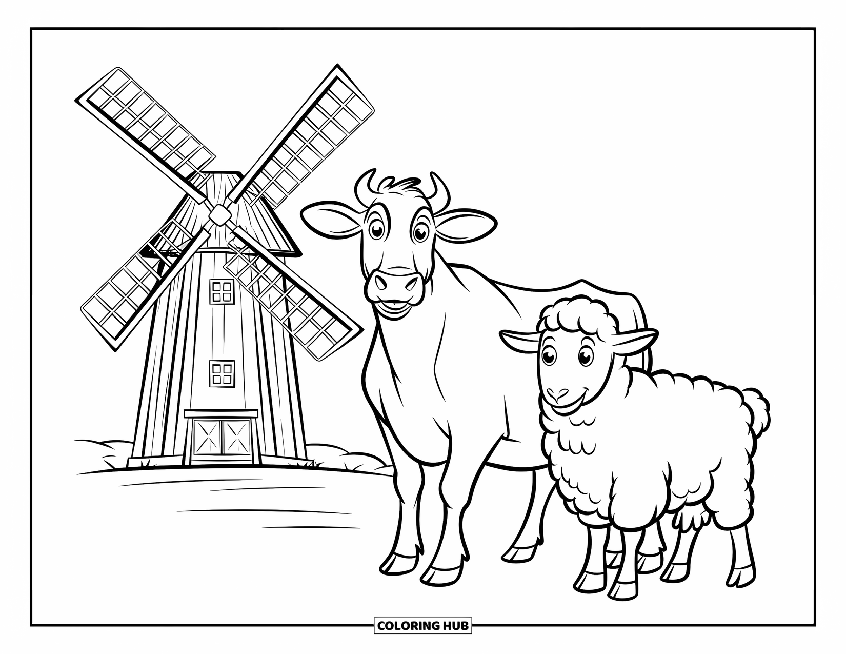 Disegno di mucca da colorare per bambini: Una mucca e una pecora con camicie sono in piedi vicino a un mulino a vento di legno