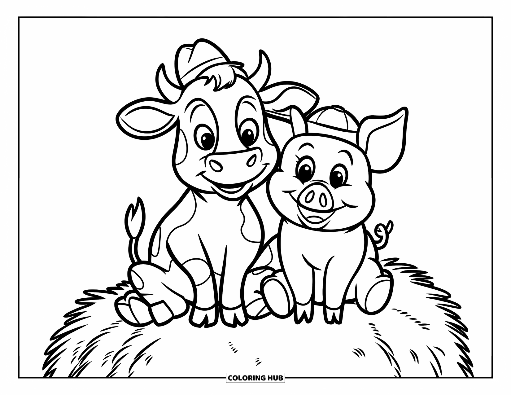 Disegno di mucca da colorare per bambini: Una mucca con un cappello verde è seduta con un maiale sul fieno