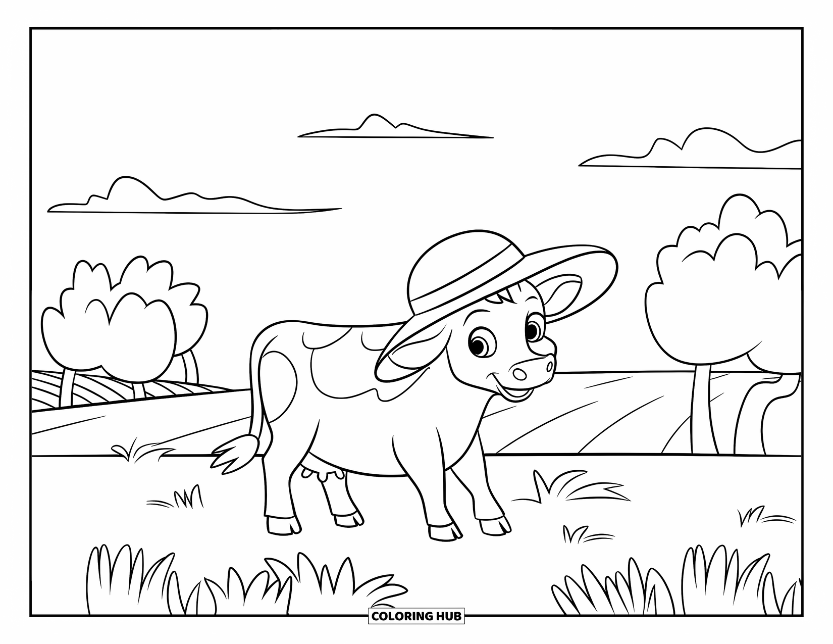 Disegno da colorare di una mucca per bambini: una mucca con un cappello da sole sta felicemente in un campo di fiori