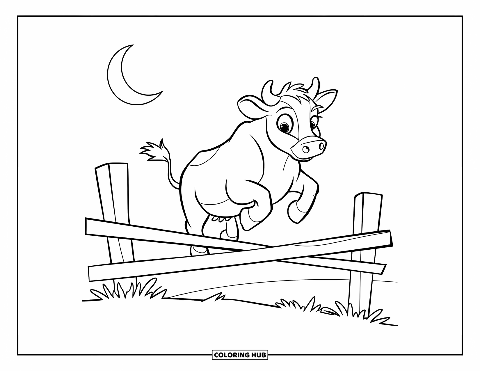 Disegno di mucca da colorare per bambini: Una mucca salta sopra una staccionata sotto una luna crescente