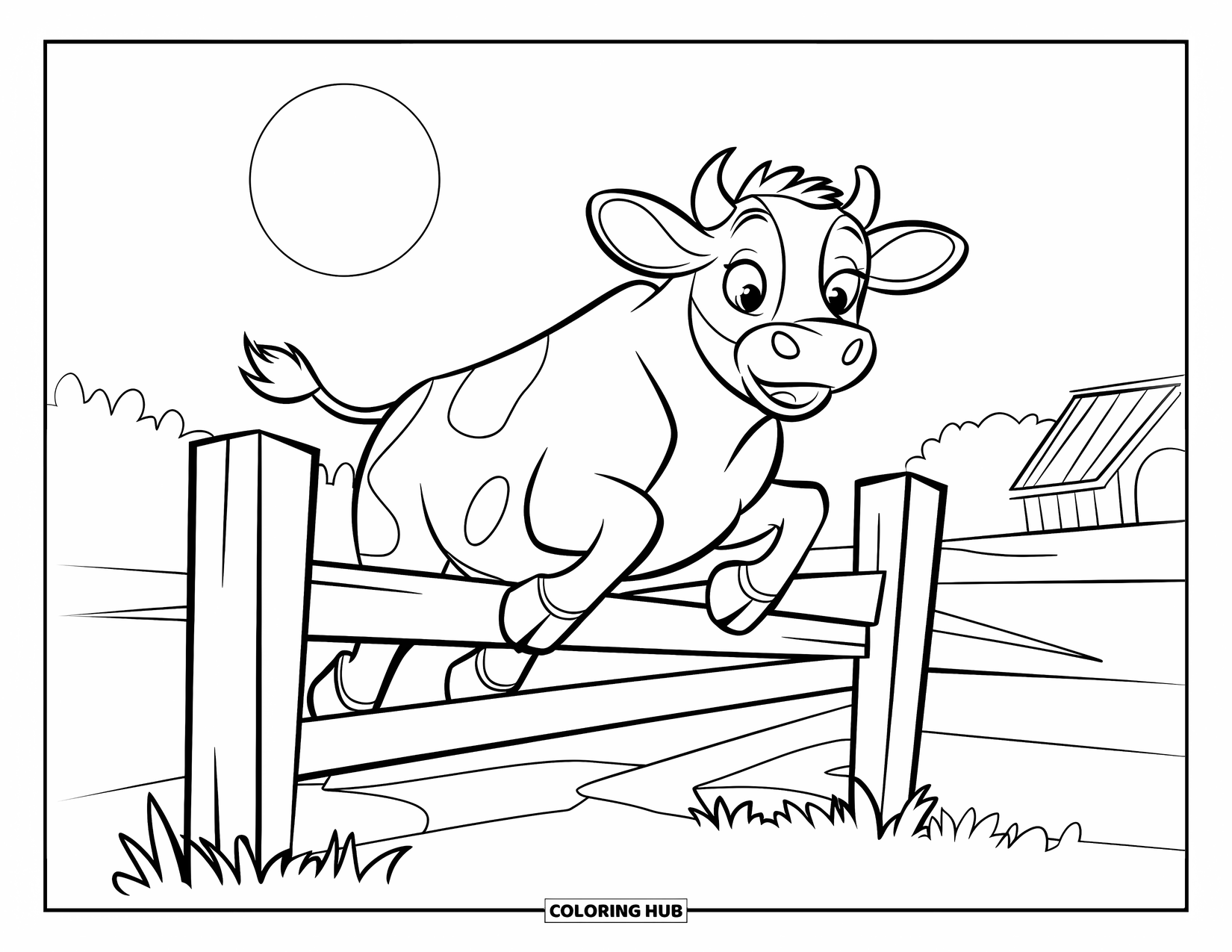 Disegno di mucca da colorare per bambini: Una mucca salta sopra una staccionata di legno sotto una luna luminosa