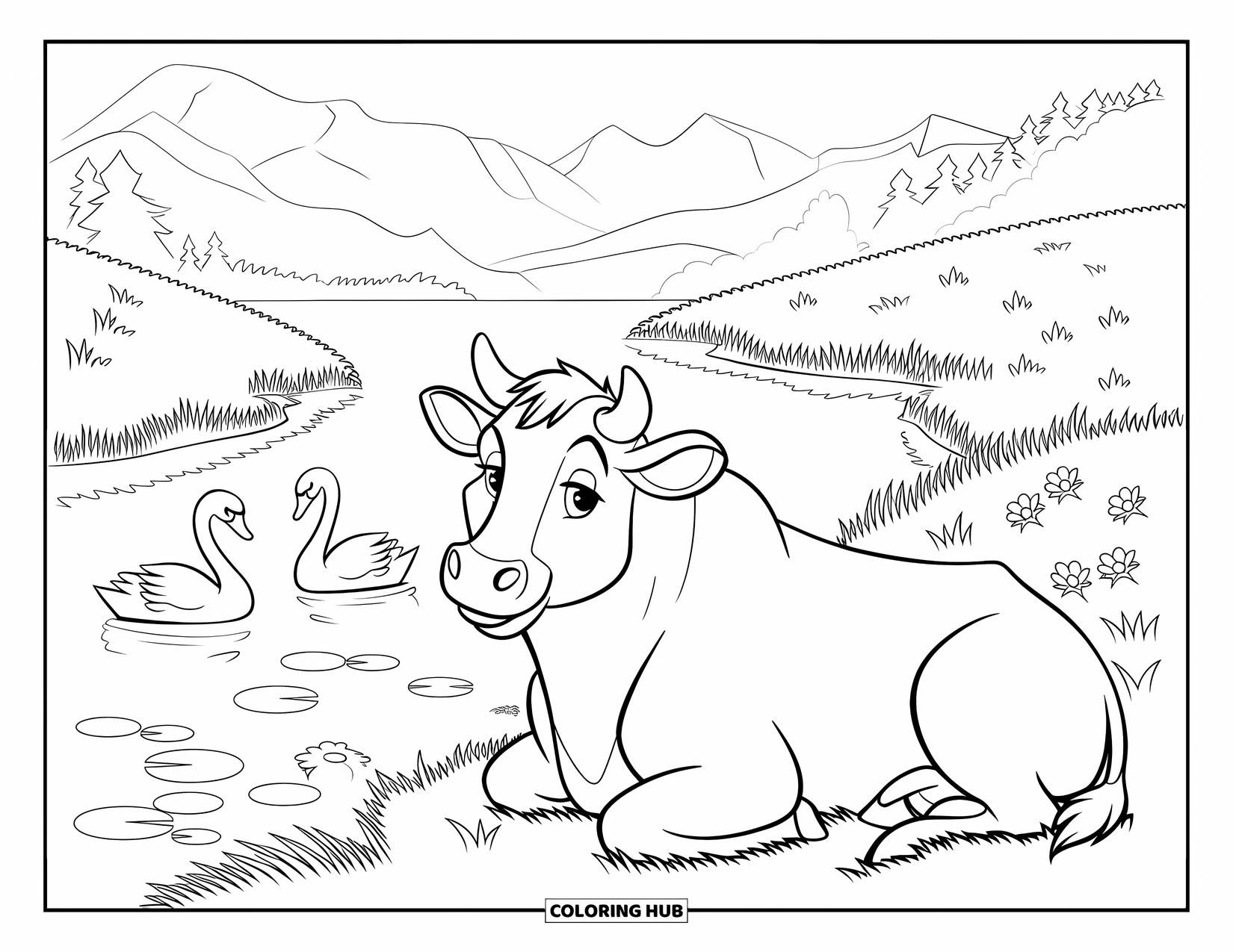 Disegno di mucca da colorare per bambini: Una mucca è sdraiata sull'erba vicino a un lago con cigni e fiori