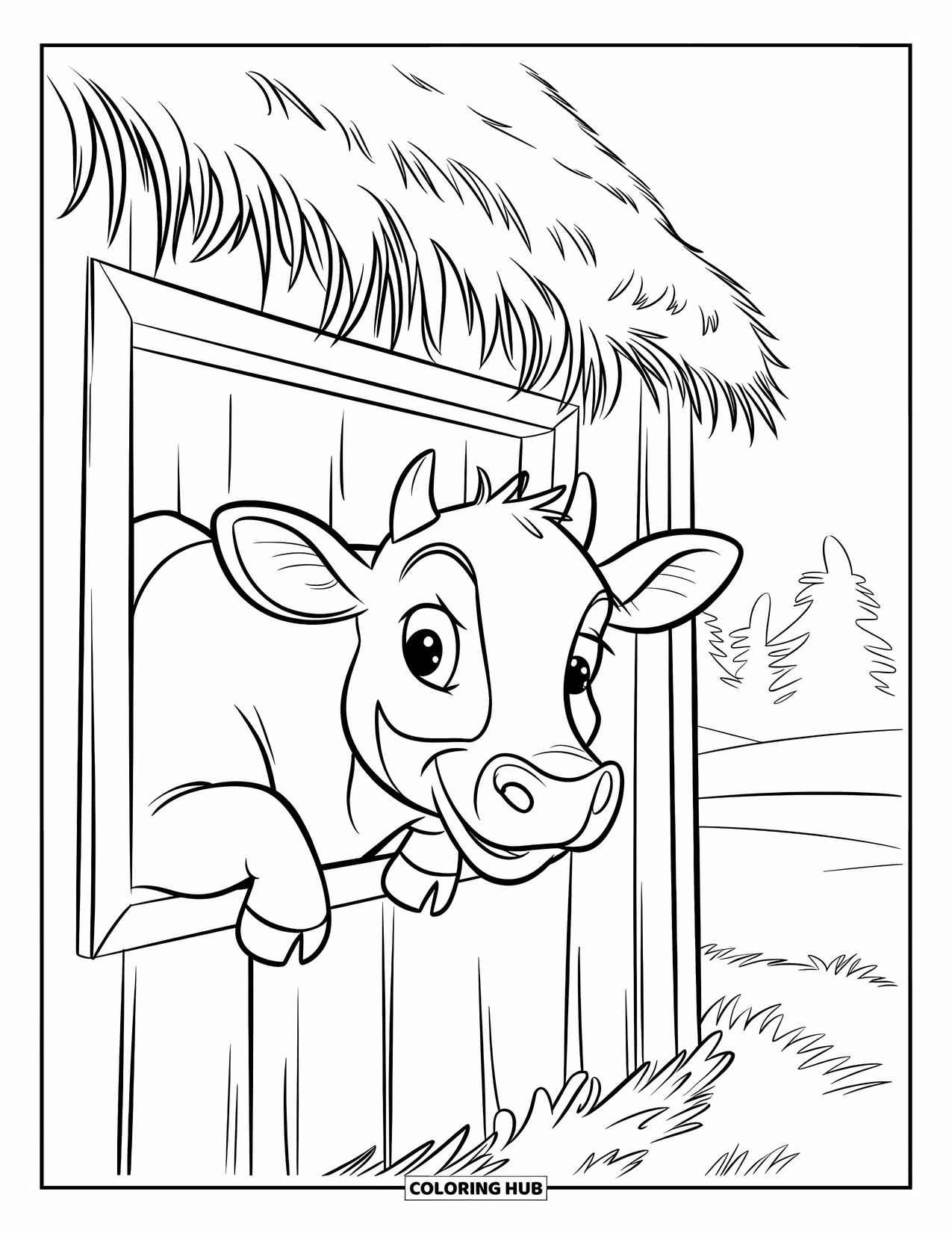 Disegno di mucca da colorare per bambini: Una mucca sbircia attraverso la finestra di un fienile circondata da alberi