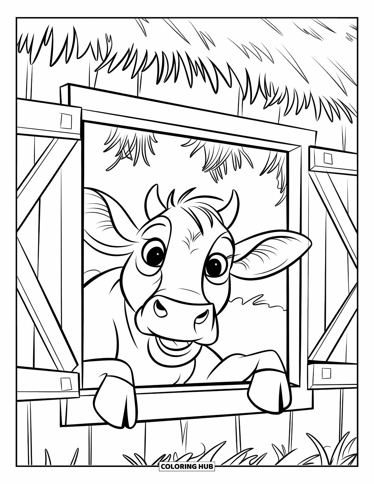Disegno di mucca da colorare per bambini: Una mucca sbircia attraverso la finestra di un fienile con del fieno che sporge