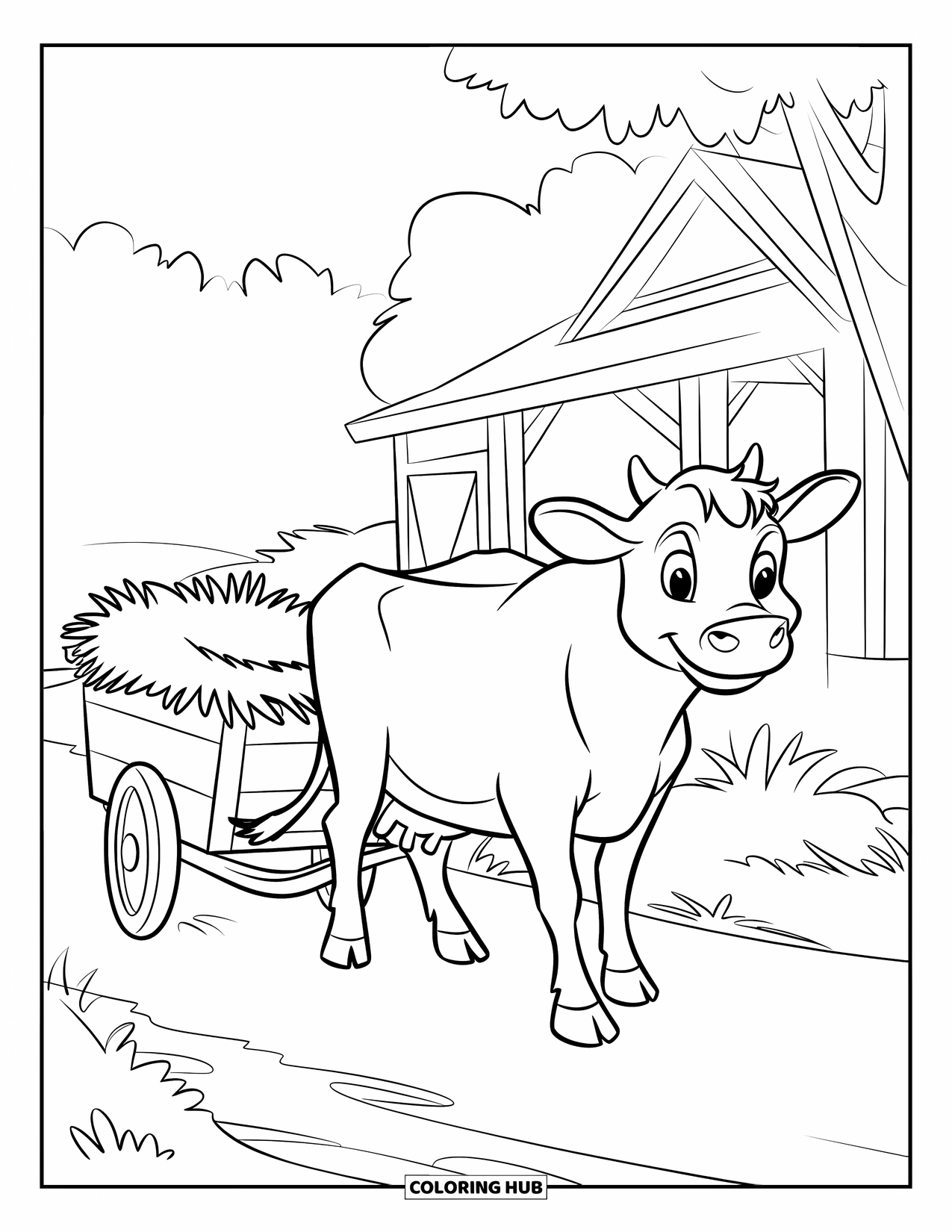 Disegno di mucca da colorare per bambini: Una mucca tira un carro di fieno su un sentiero di una fattoria