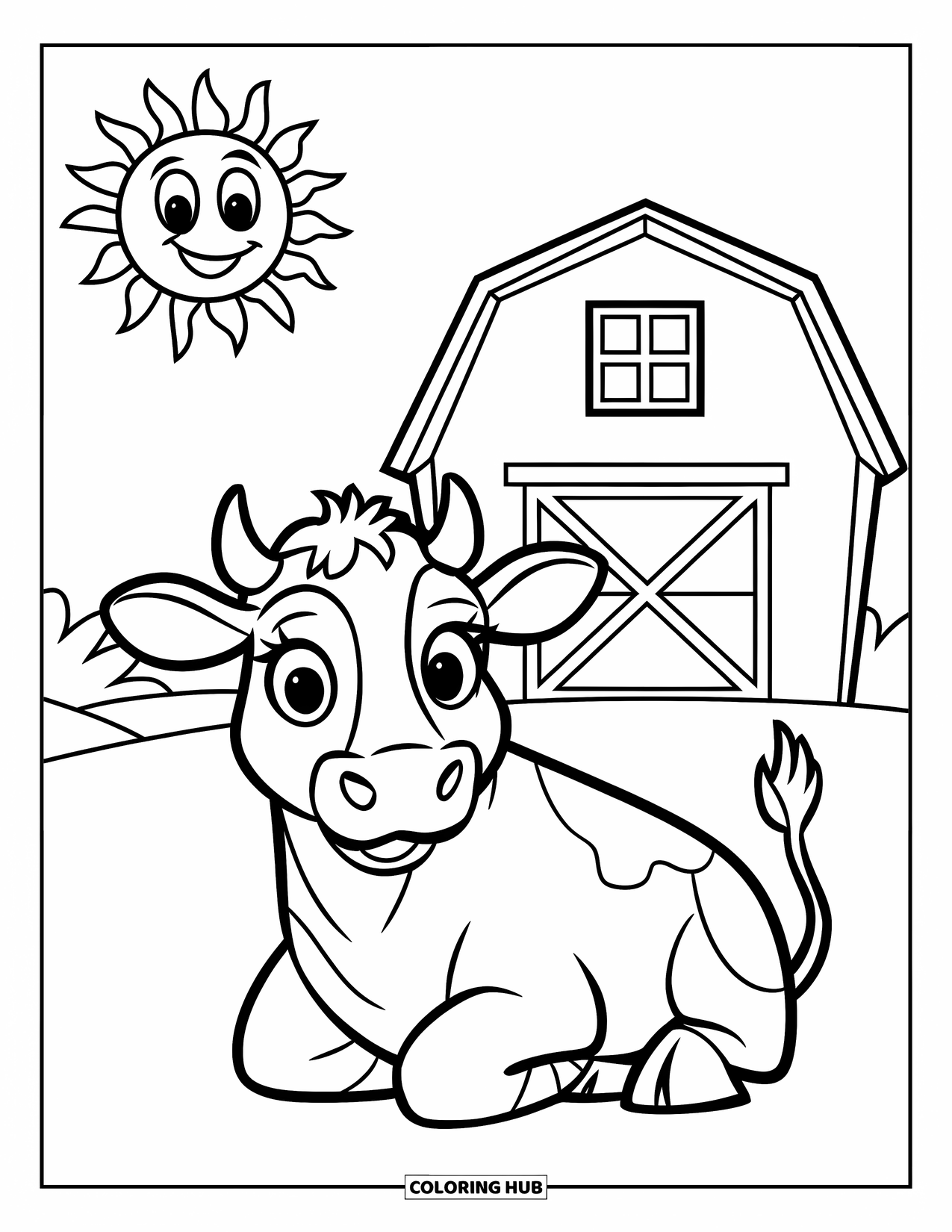 Disegno di mucca da colorare per bambini: Una mucca è seduta felicemente vicino a un fienile con un sole sorridente