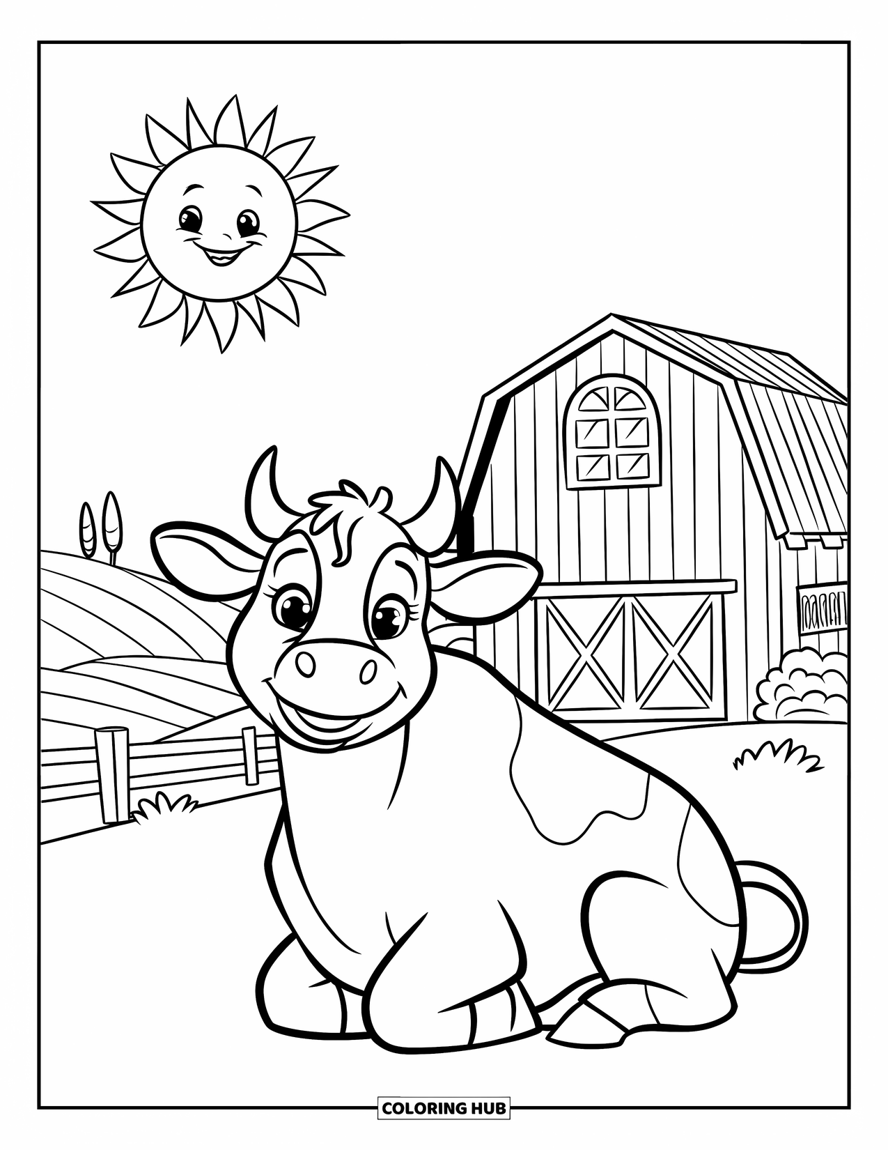 Disegno di mucca da colorare per bambini: Una mucca sorride vicino a un fienile con un sole allegro sopra