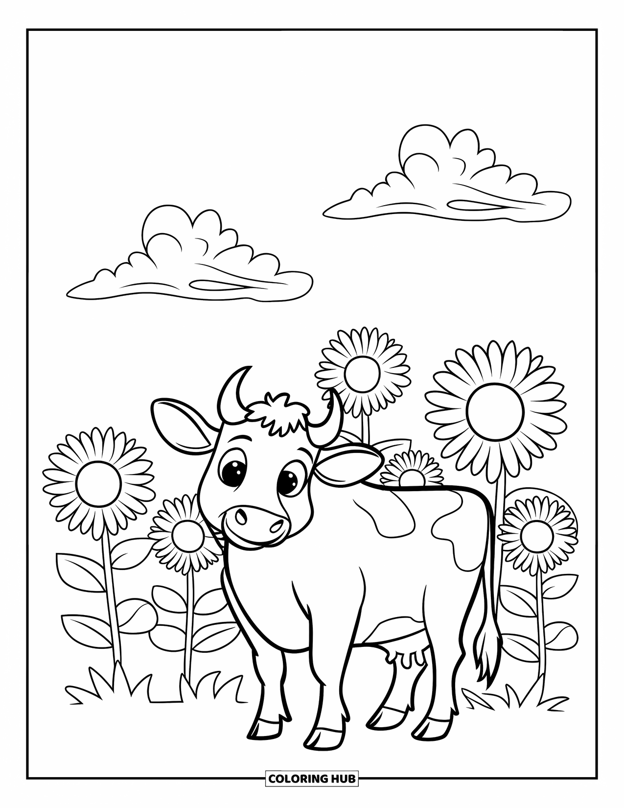 Disegno di mucca da colorare per bambini: Una mucca sorride in un campo di girasoli e nuvole