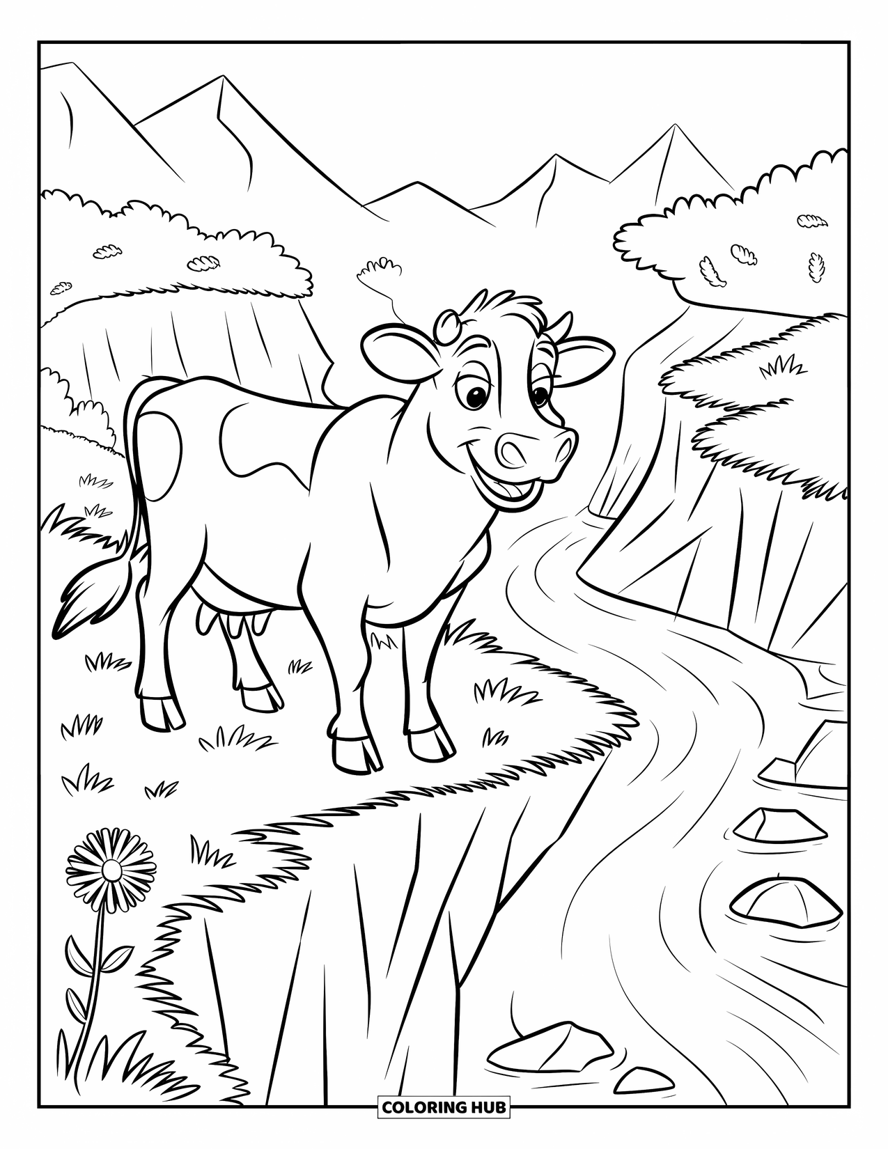 Disegno di mucca da colorare per bambini: Una mucca sorride su un prato a picco su una scogliera che si affaccia su un fiume