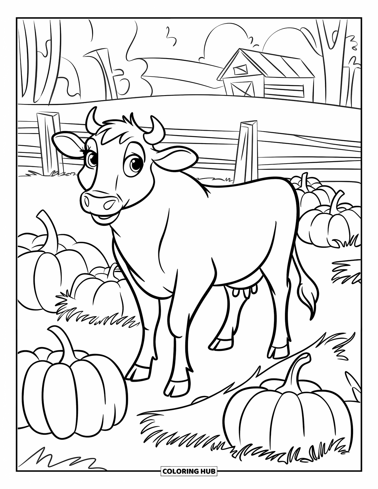 Disegno di mucca da colorare per bambini: Una mucca è in piedi tra zucche e balle di fieno in autunno
