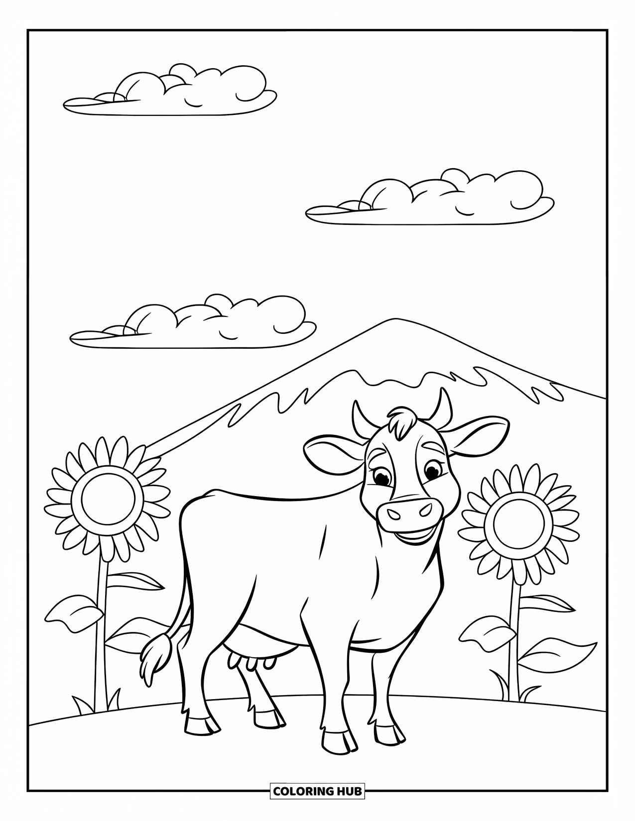 Disegno di mucca da colorare per bambini: Una mucca è in piedi tra i girasoli sotto alcune nuvole