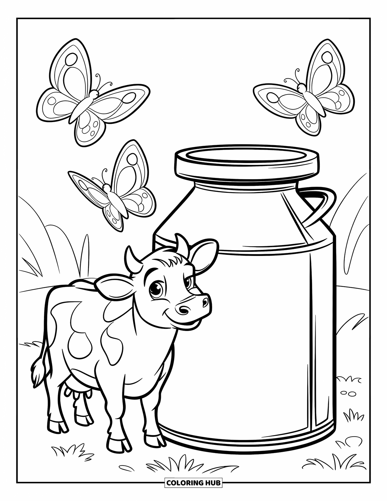 Disegno di mucca da colorare per bambini: Una mucca è in piedi vicino a una latta del latte con farfalle che volano nelle vicinanze