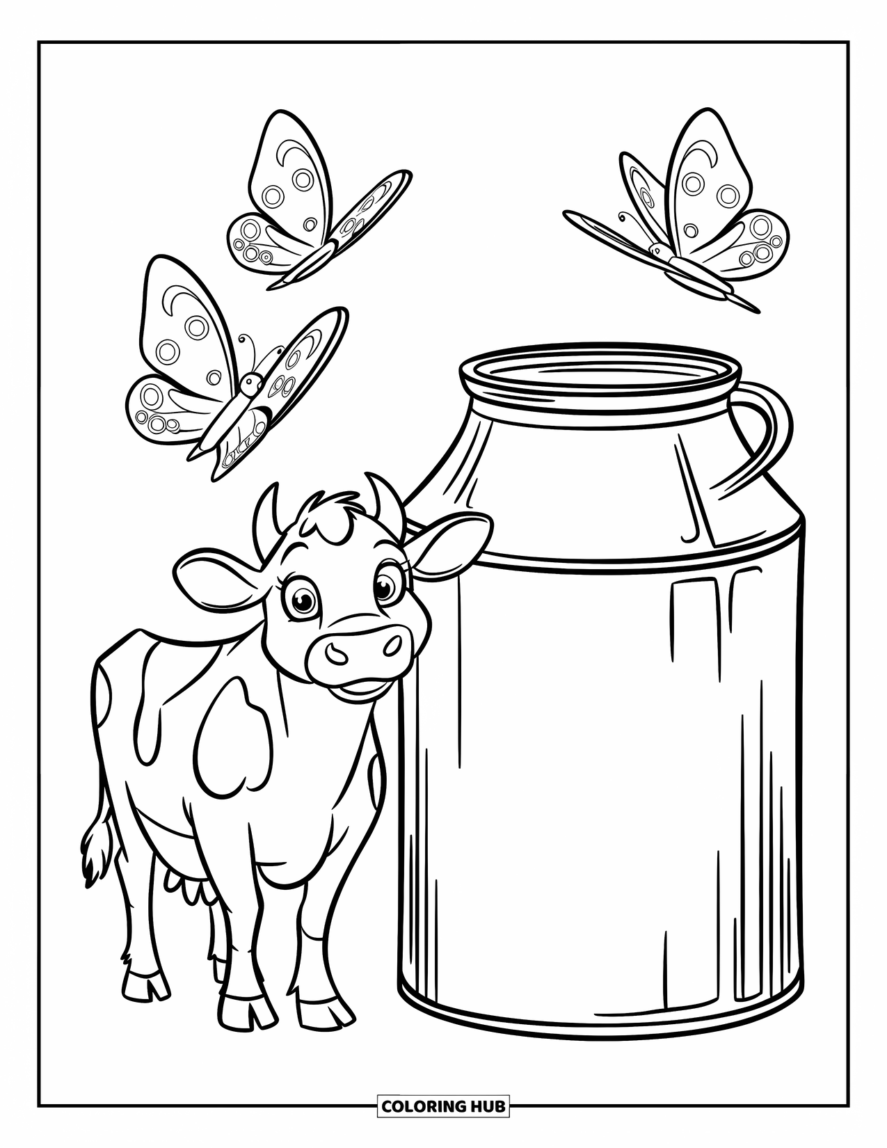 Disegno da colorare di una mucca per bambini: una mucca si trova vicino a una latta del latte con delle farfalle nelle vicinanze