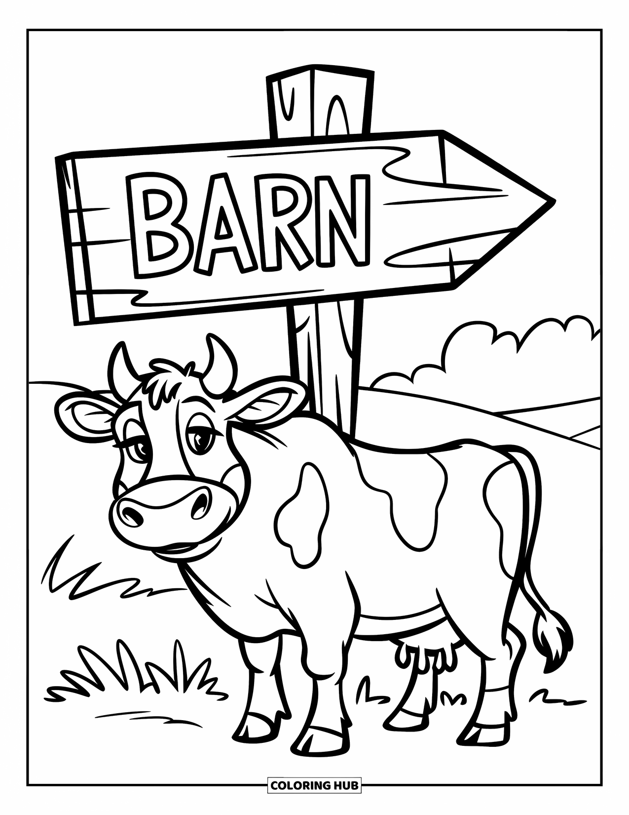 Disegno di mucca da colorare per bambini: Una mucca è in piedi vicino a un cartello di legno che indica il fienile
