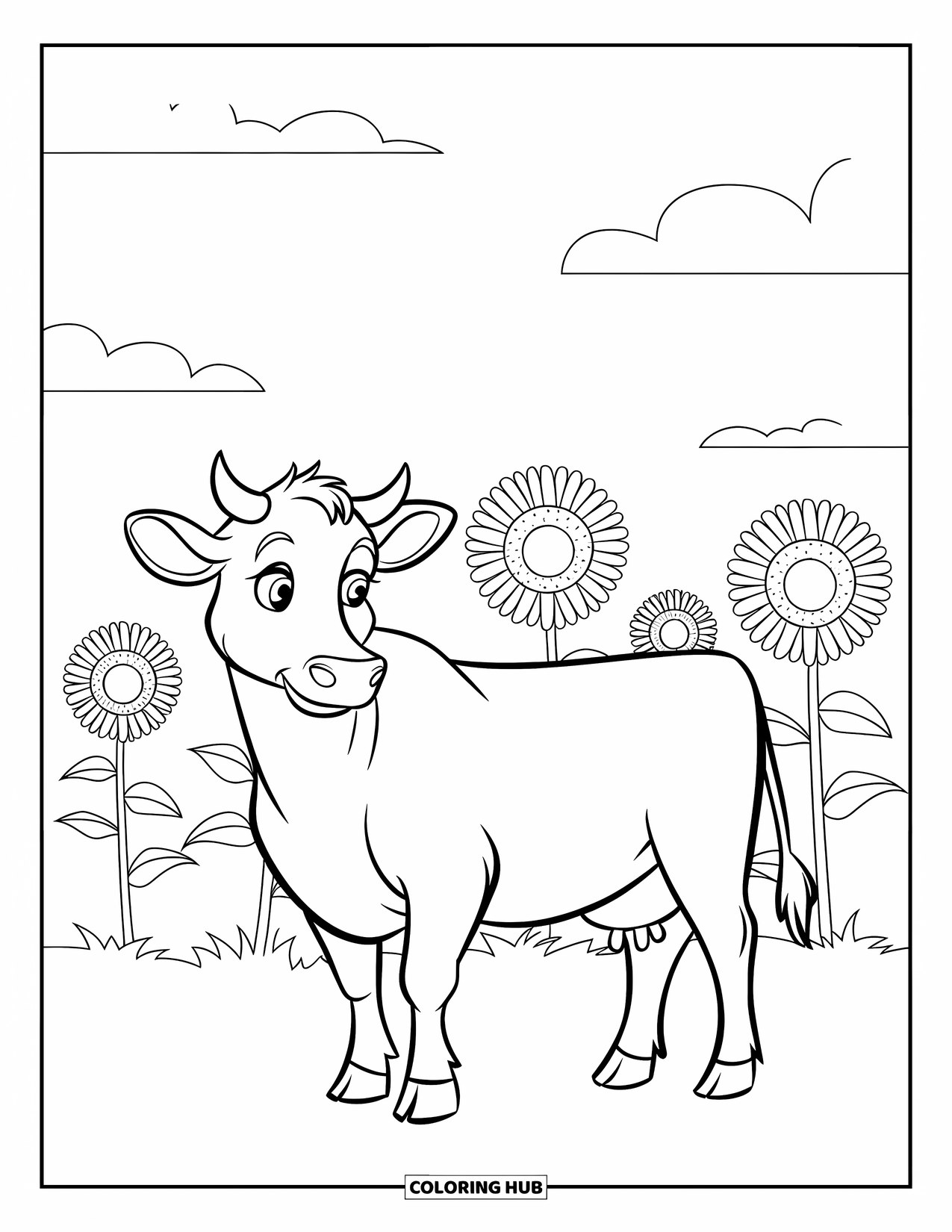 Disegno di mucca da colorare per bambini: Una mucca è felicemente in piedi in un campo di girasoli