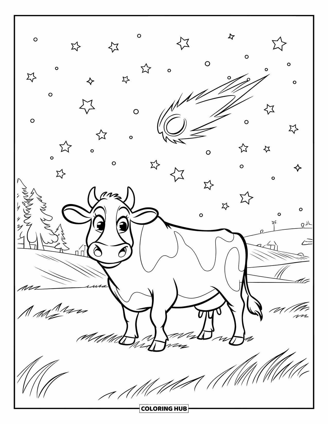 Disegno di mucca da colorare per bambini: Una mucca è in piedi in un campo sotto un cielo stellato con una cometa che passa