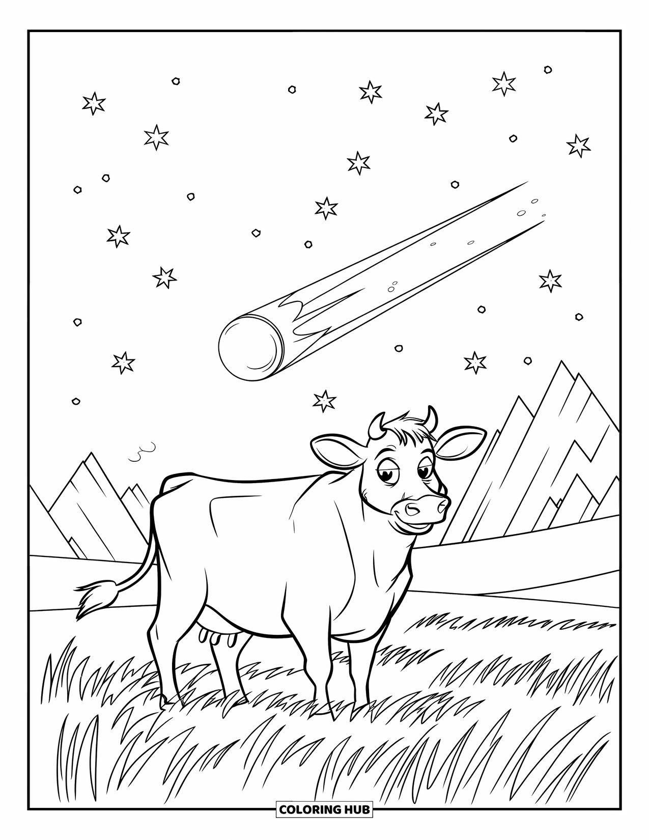 Disegno di mucca da colorare per bambini: Una mucca è in piedi nell'erba alta sotto un cielo pieno di stelle e una cometa