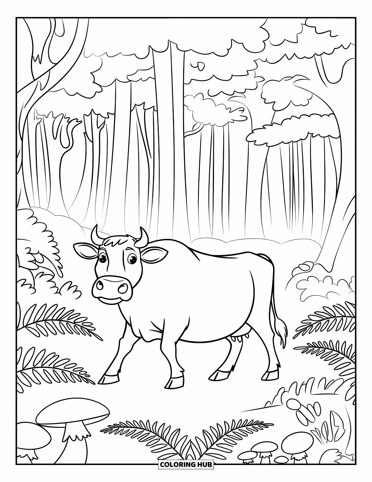 Disegno di mucca da colorare per bambini: Una mucca vaga attraverso una foresta nebbiosa piena di felci e funghi