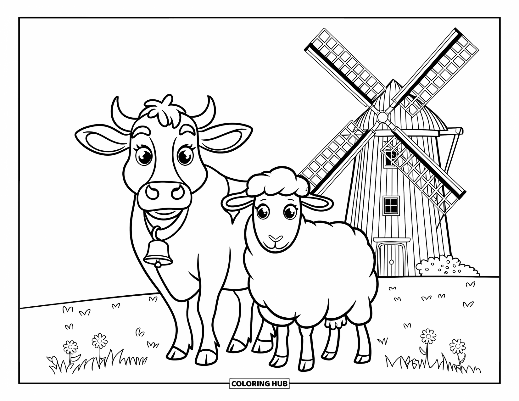 Disegno di mucca da colorare per bambini: Una mucca con un campanaccio e una pecora sono in piedi vicino a un mulino a vento rosso