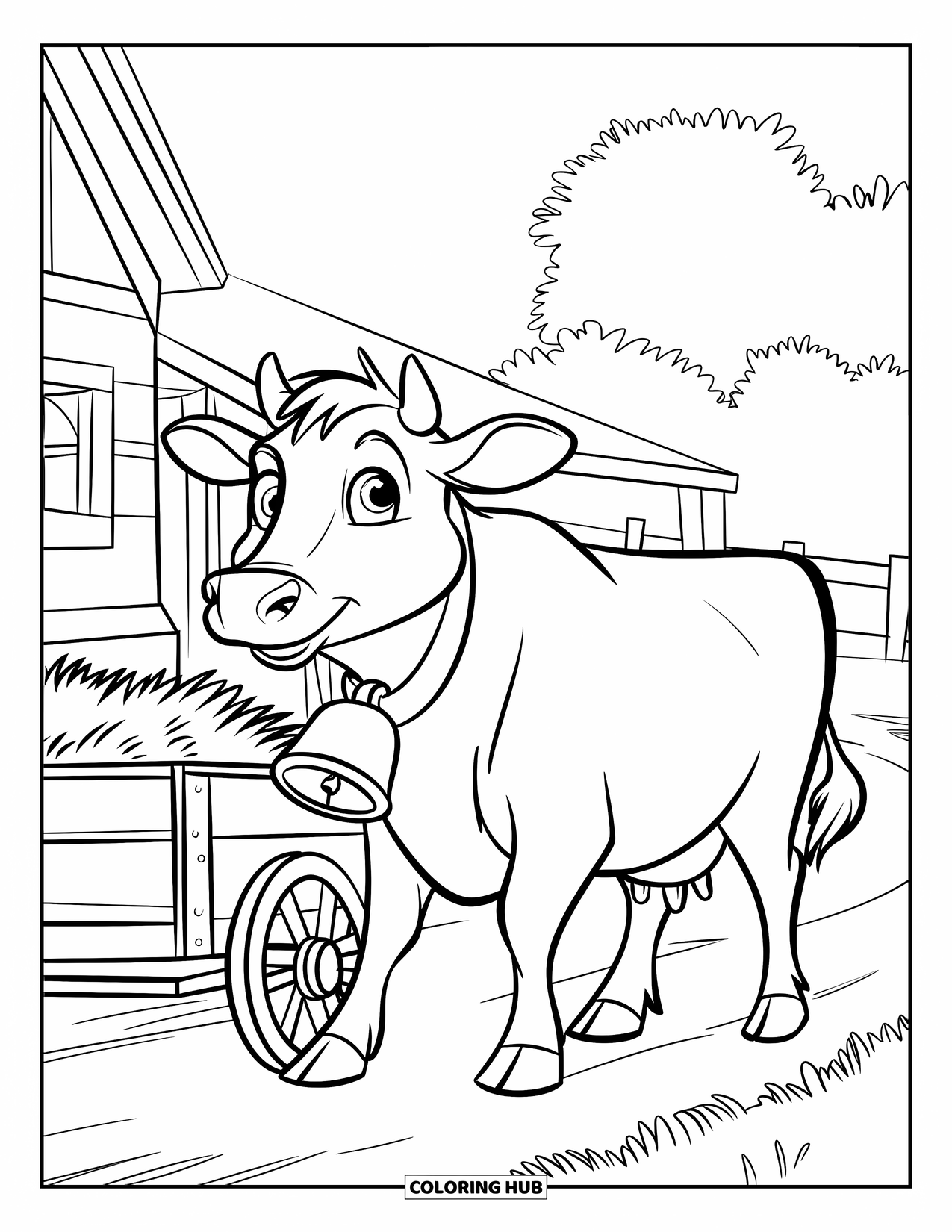 Disegno di mucca da colorare per bambini: Una mucca con un campanaccio tira un carro di fieno su un sentiero di una fattoria