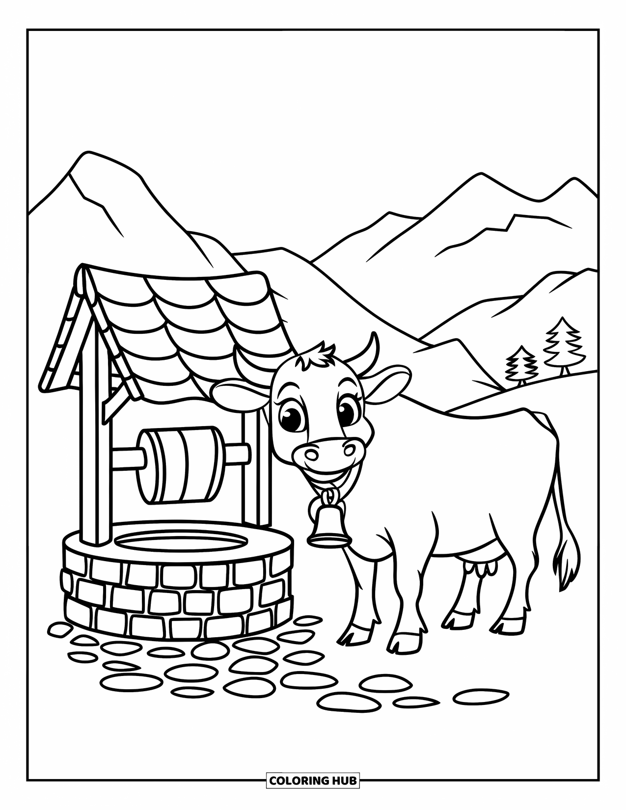 Disegno di mucca da colorare per bambini: Una mucca con un campanaccio è in piedi vicino a un pozzo di ciottoli con un secchio di legno