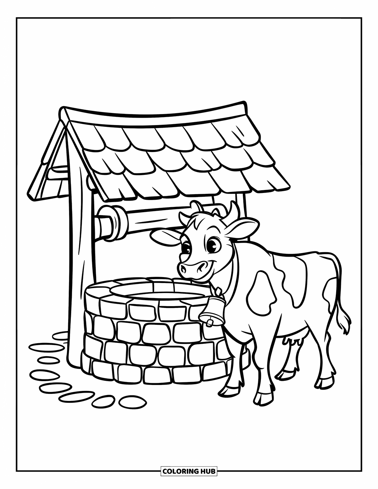 Disegno di mucca da colorare per bambini: Una mucca con un campanaccio è in piedi vicino a un pozzo di ciottoli con una copertura di legno