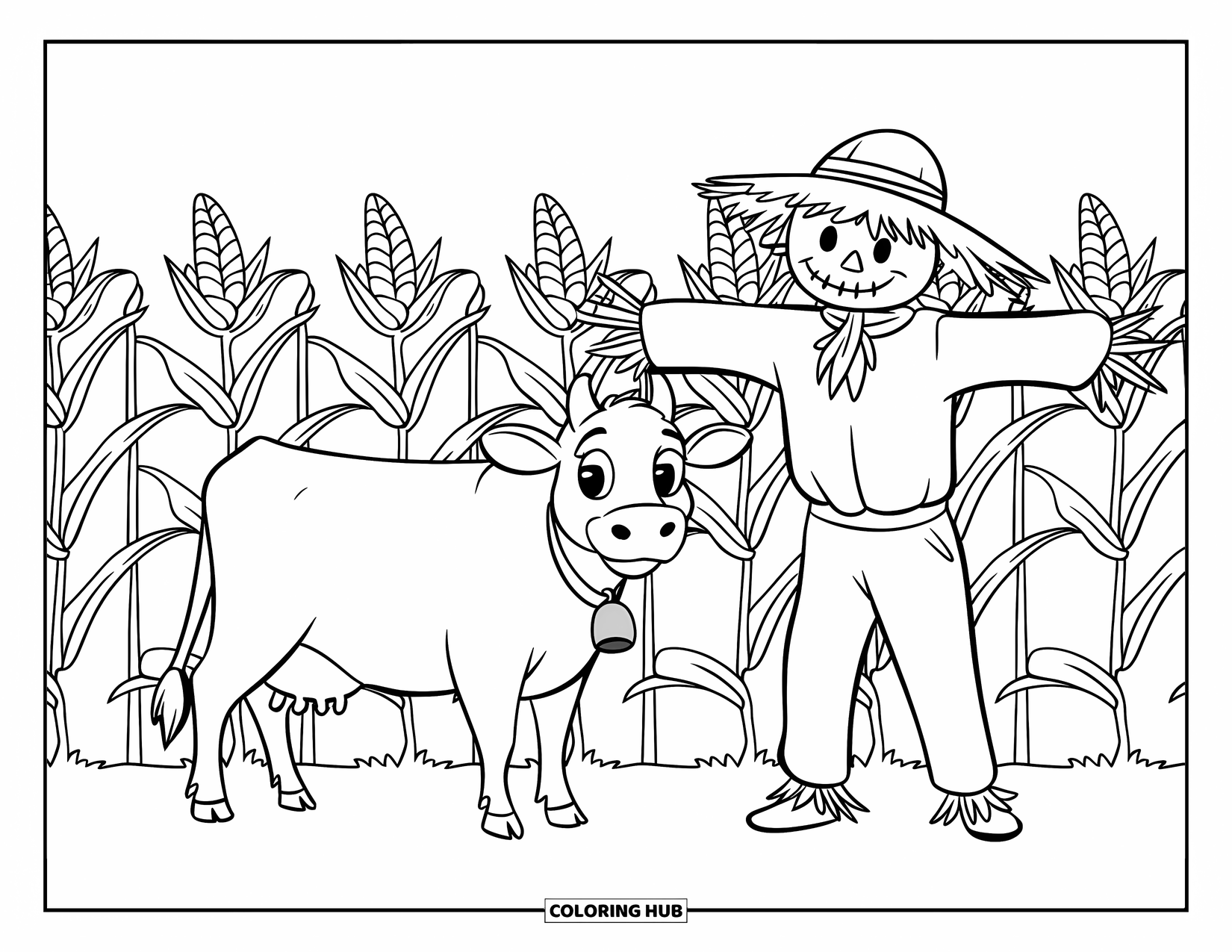 Disegno di mucca da colorare per bambini: Una mucca con un campanaccio è in piedi vicino a uno spaventapasseri in un campo di grano