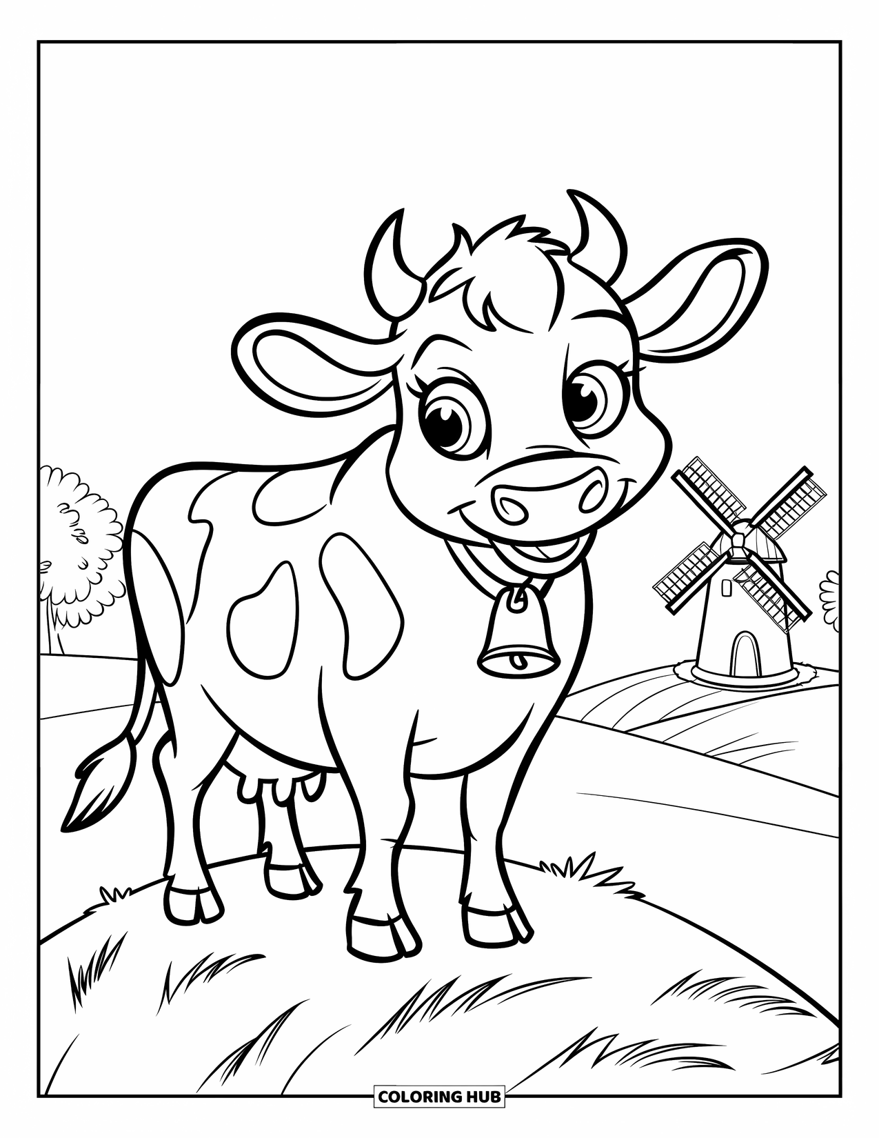 Disegno di mucca da colorare per bambini: Una mucca con un campanaccio è in piedi su una collina vicino a un mulino a vento