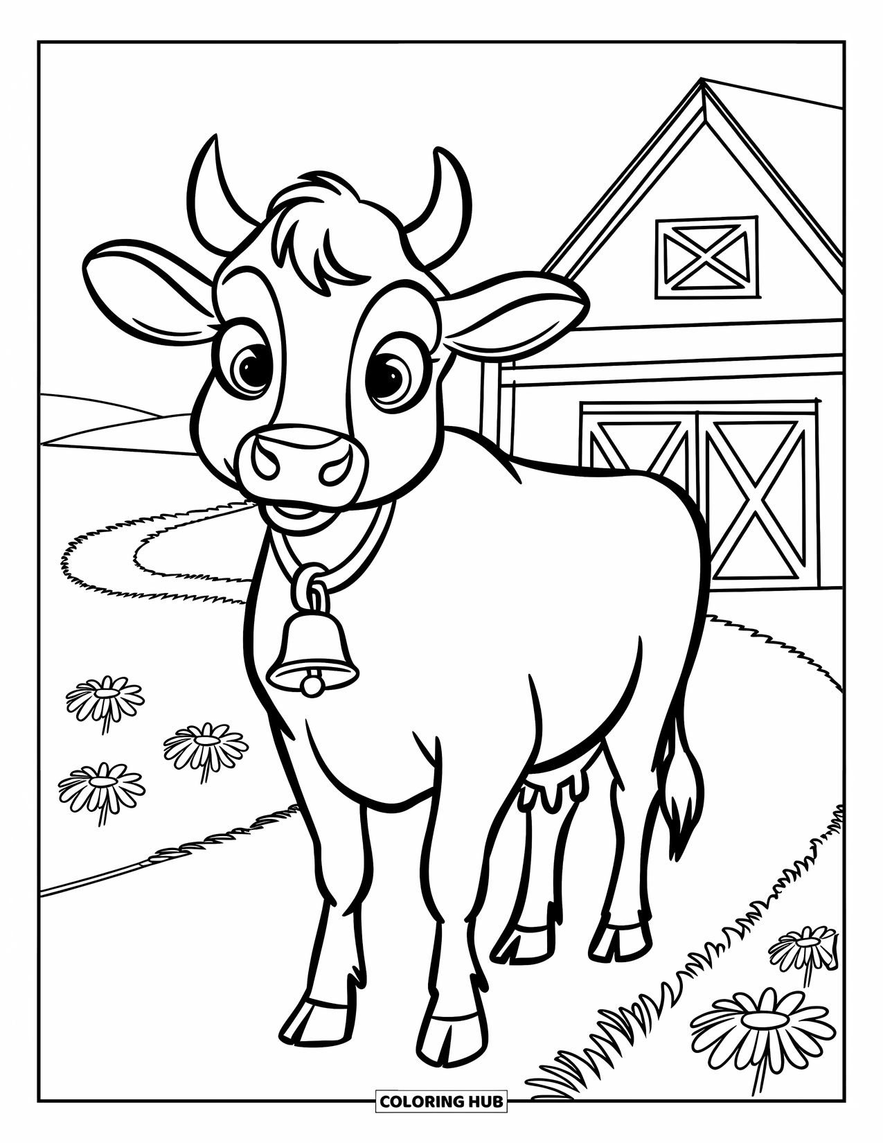 Disegno di mucca da colorare per bambini: Una mucca con un campanaccio è in piedi su un sentiero che conduce a un fienile