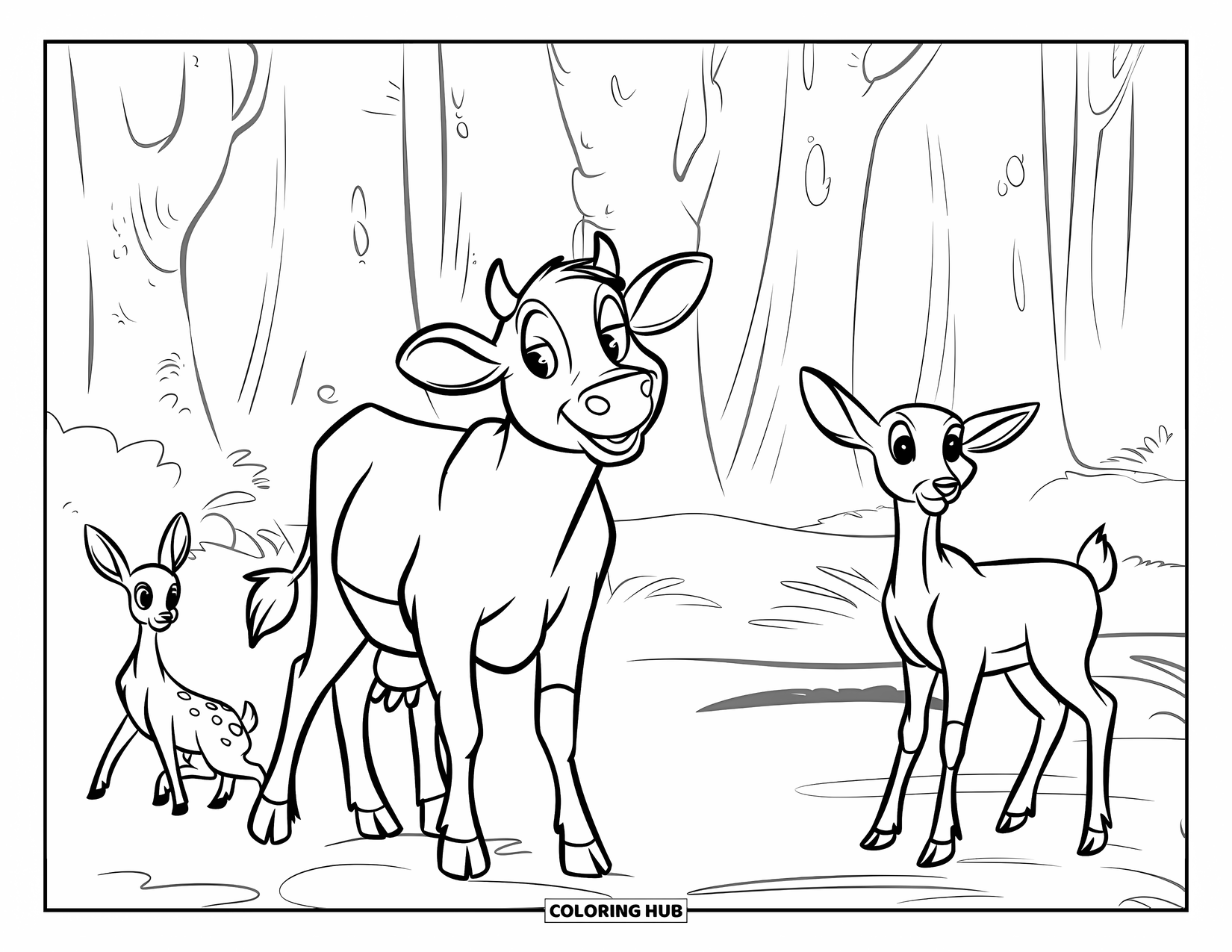 Disegno di mucca da colorare per bambini: Una mucca con un campanaccio è pacificamente in piedi tra cervi e conigli