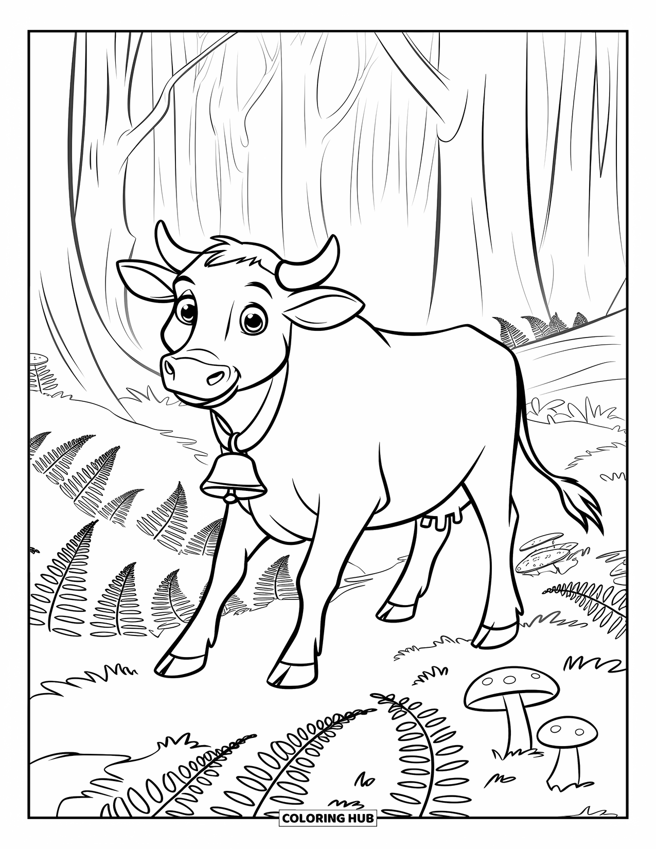 Disegno di mucca da colorare per bambini: Una mucca con un campanaccio cammina attraverso una foresta nebbiosa con felci e funghi