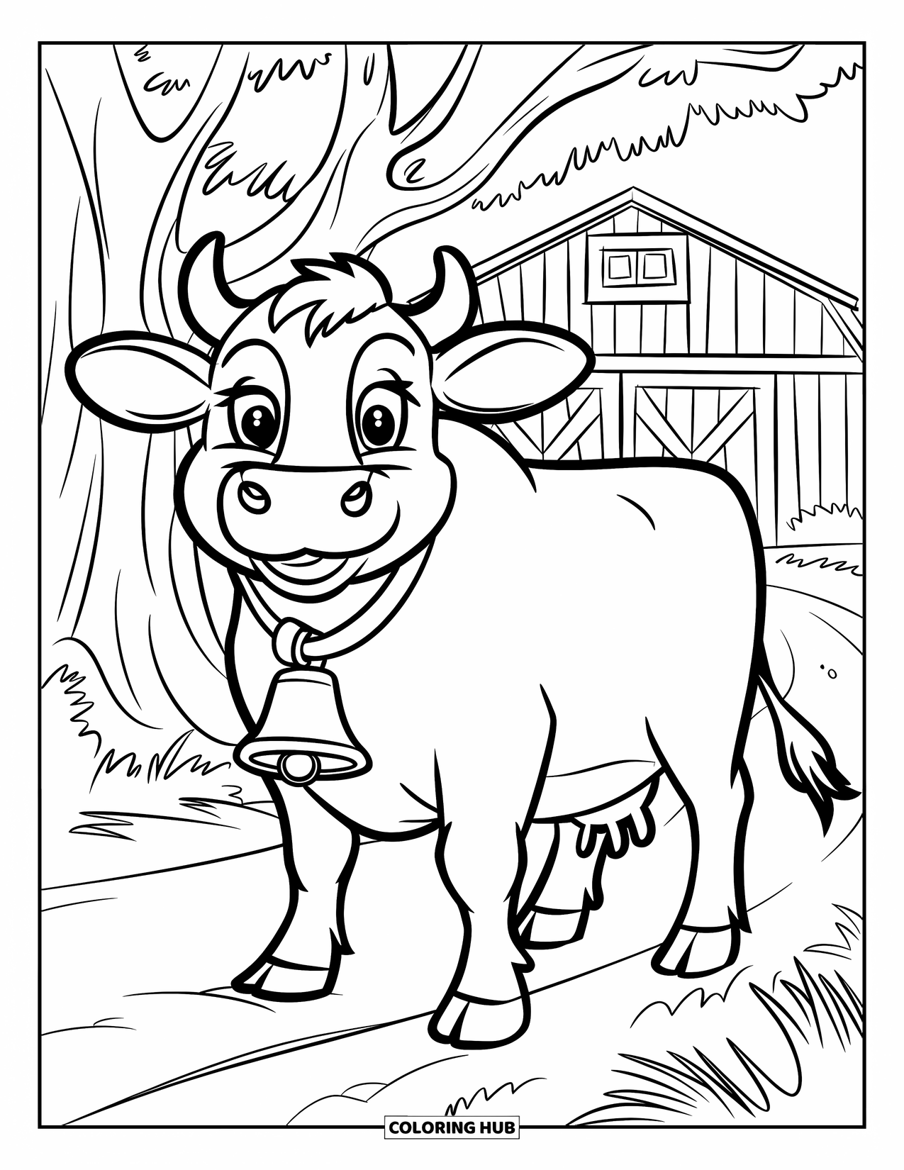Disegno da colorare di una mucca per bambini: una mucca con un grande corpo si trova su un sentiero vicino a un fienile