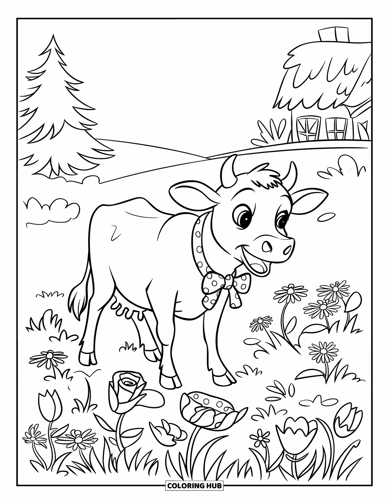 Disegno di mucca da colorare per bambini: Una mucca con un fiocco esplora un prato con api e farfalle