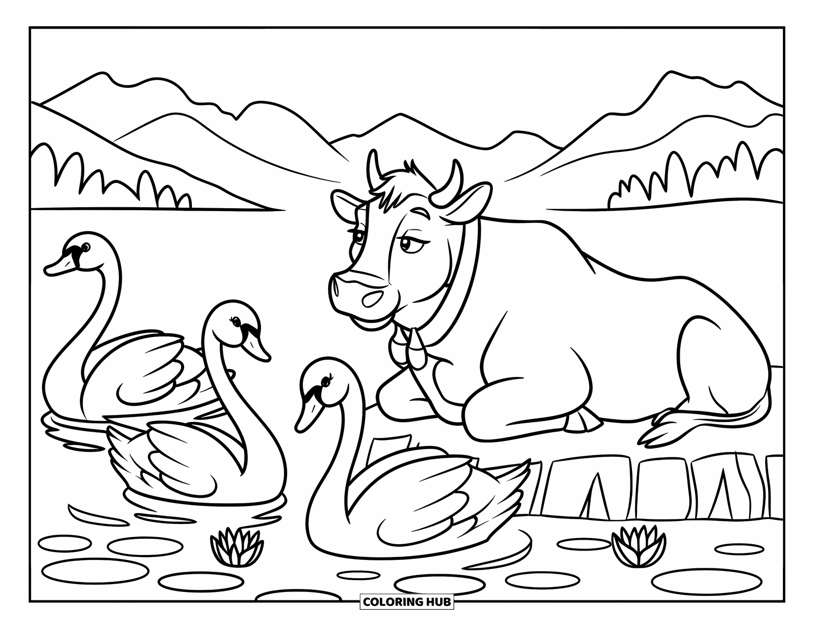 Disegno di mucca da colorare per bambini: Una mucca con un collare riposa vicino a un lago con cigni e ninfee