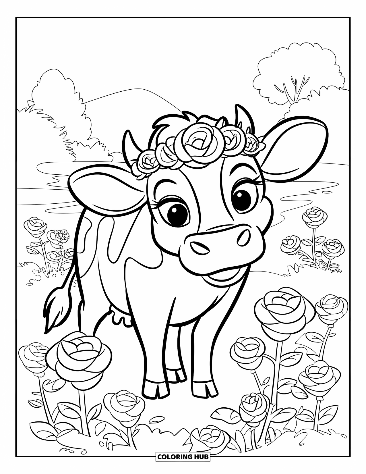 Disegno di mucca da colorare per bambini: Una mucca con una corona floreale sorride accanto a rose in fiore