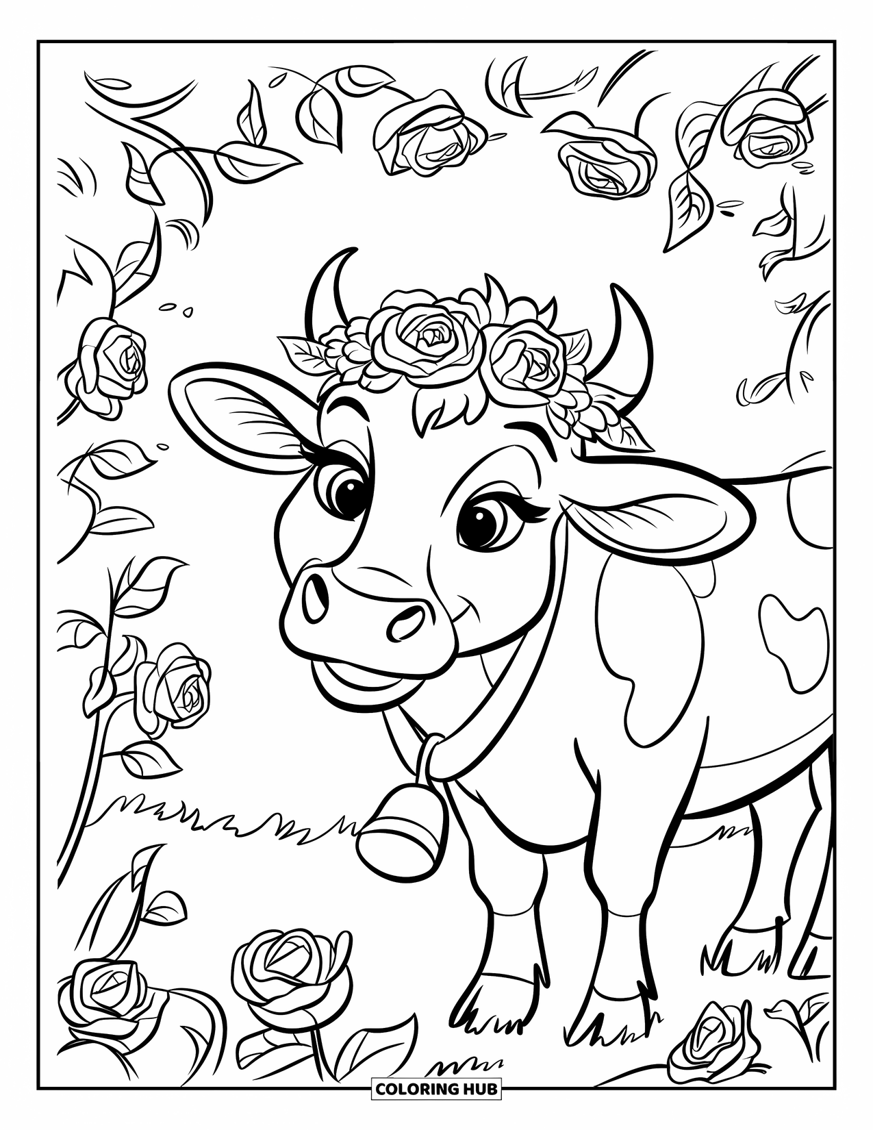 Disegno di mucca da colorare per bambini: Una mucca con una corona floreale è in piedi tra le rose in un giardino