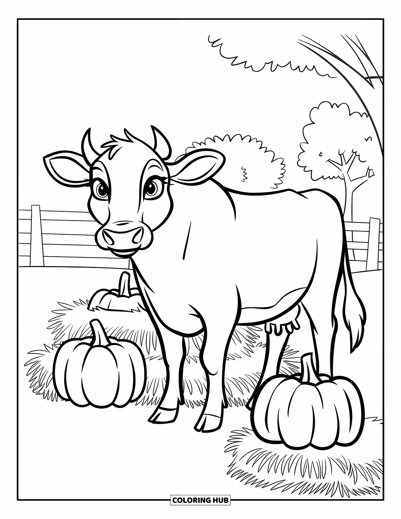 Disegno di mucca da colorare per bambini: Una mucca con una faccia felice è in piedi vicino a zucche e balle di fieno
